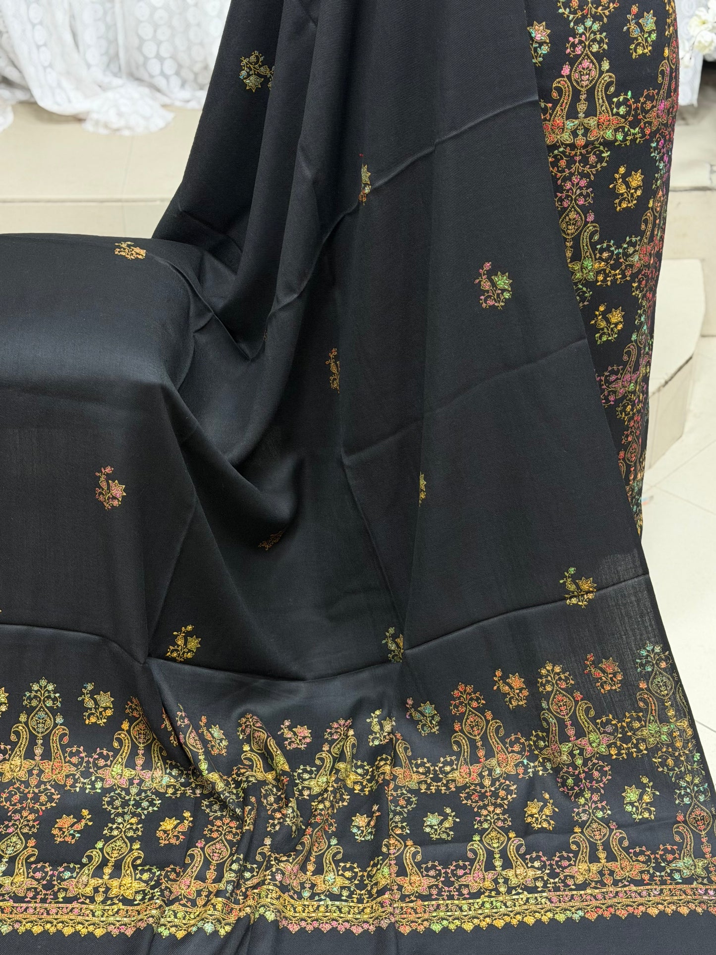Pashmina 3 Piece Suit | Hand Embroidered Shawl with Embroidered Suit | Black