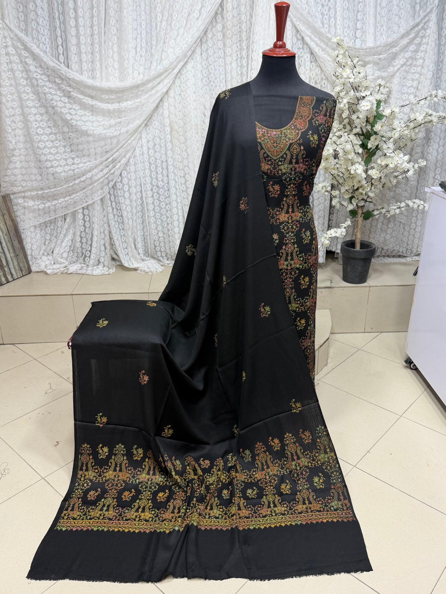 Pashmina 3 Piece Suit | Hand Embroidered Shawl with Embroidered Suit | Black
