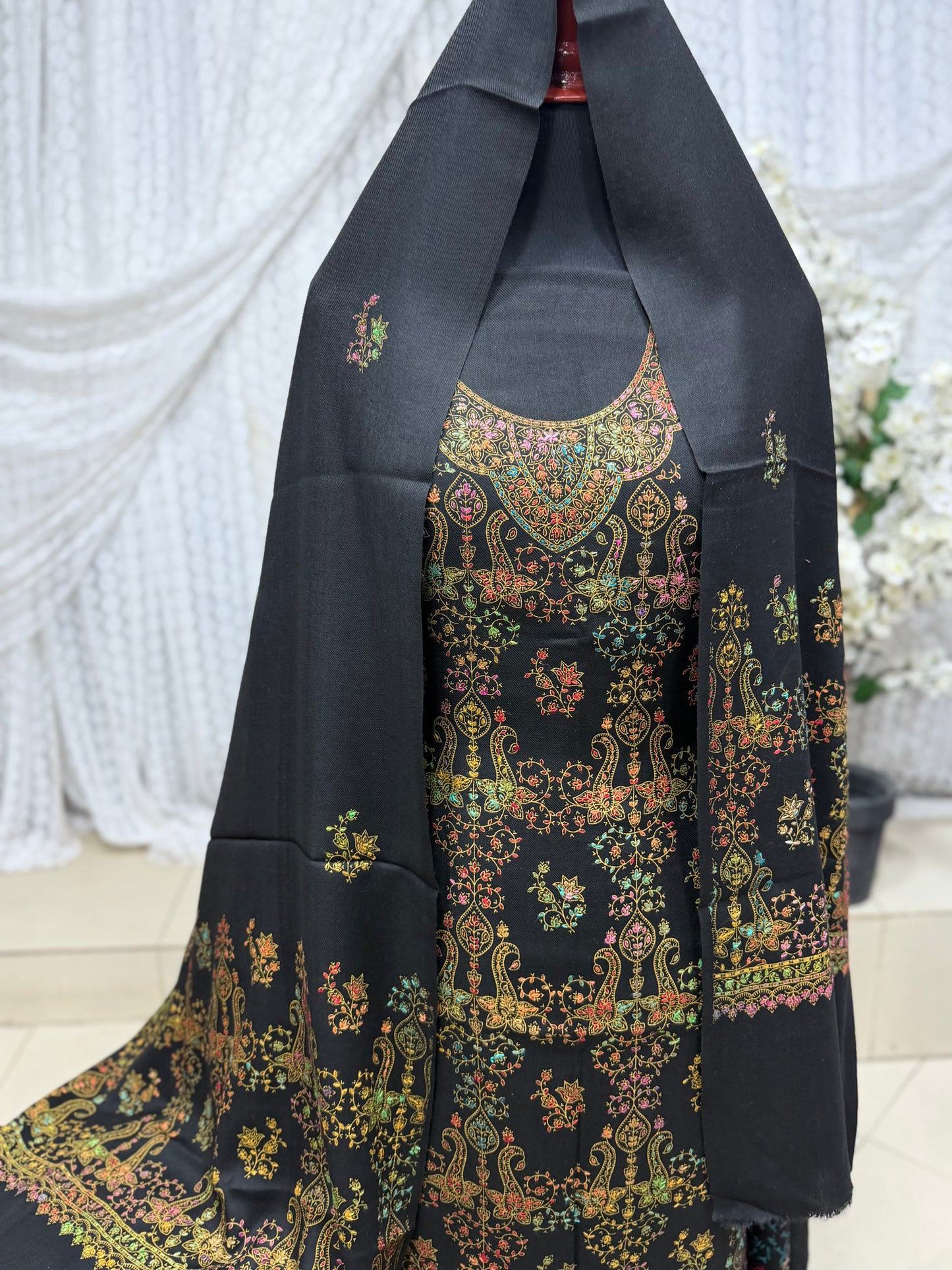Pashmina 3 Piece Suit | Hand Embroidered Shawl with Embroidered Suit | Black