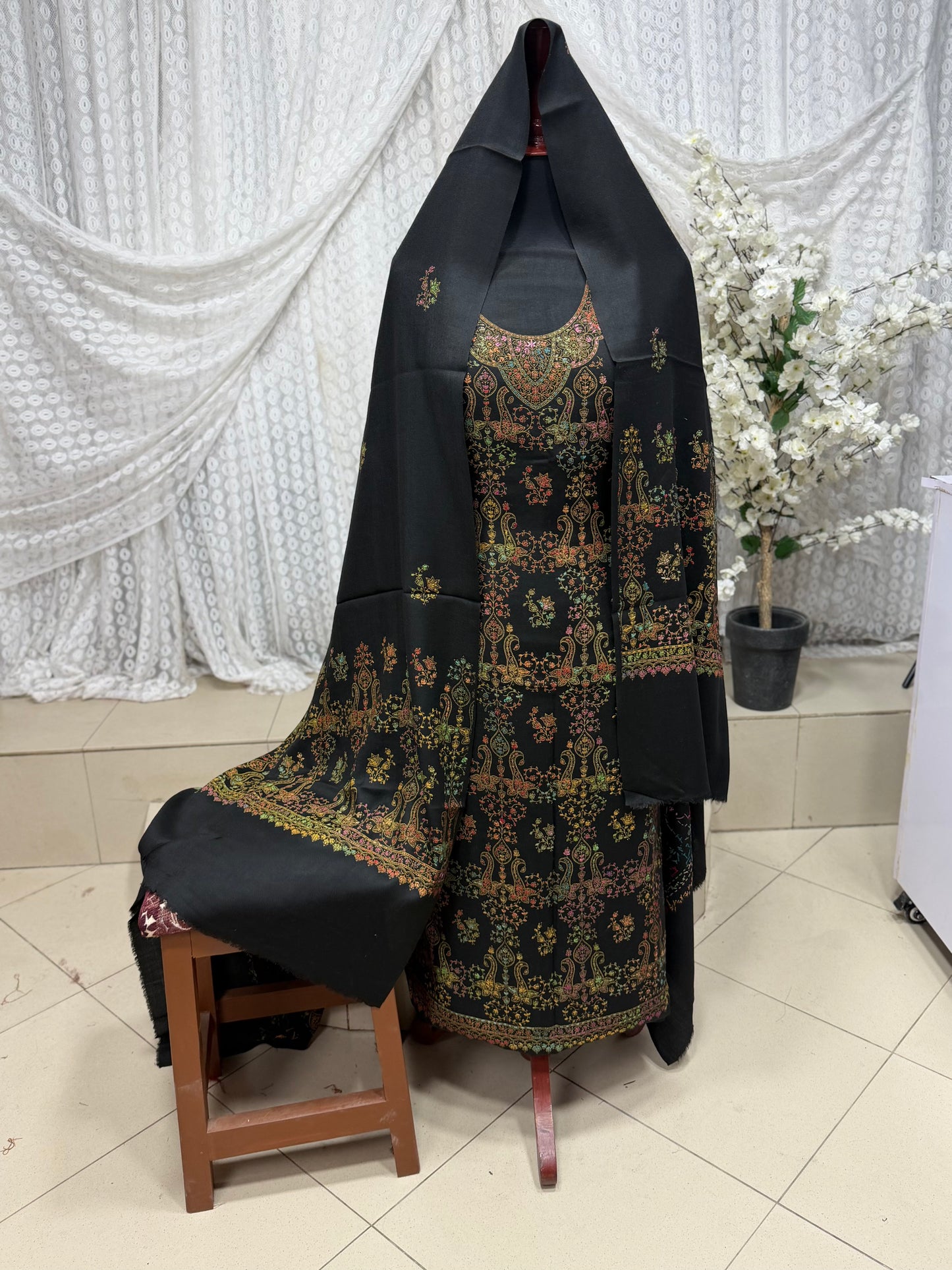 Pashmina 3 Piece Suit | Hand Embroidered Shawl with Embroidered Suit | Black