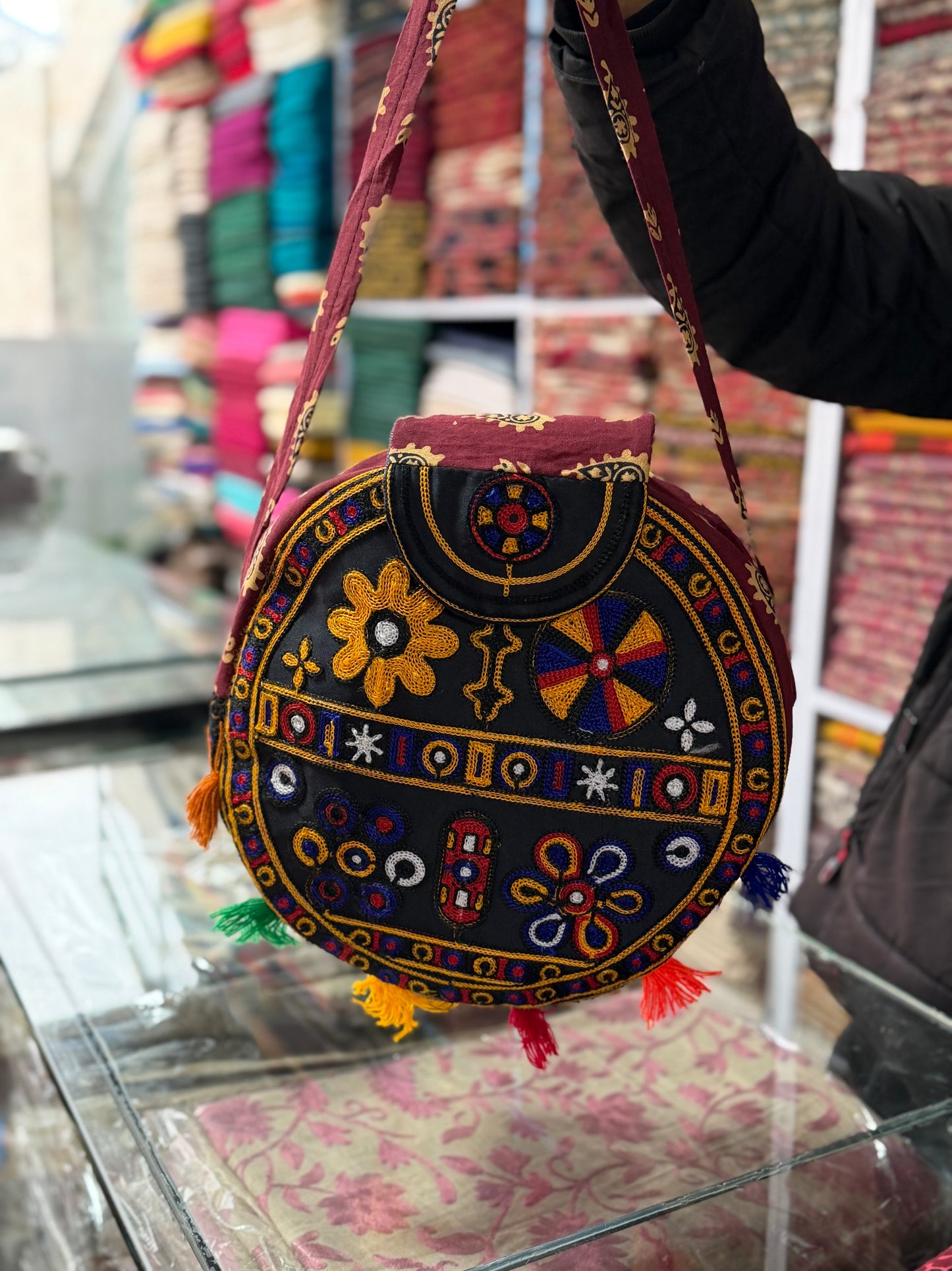 Banjara Round Shoulder Bag Embroidered Shoulder Bag | Black