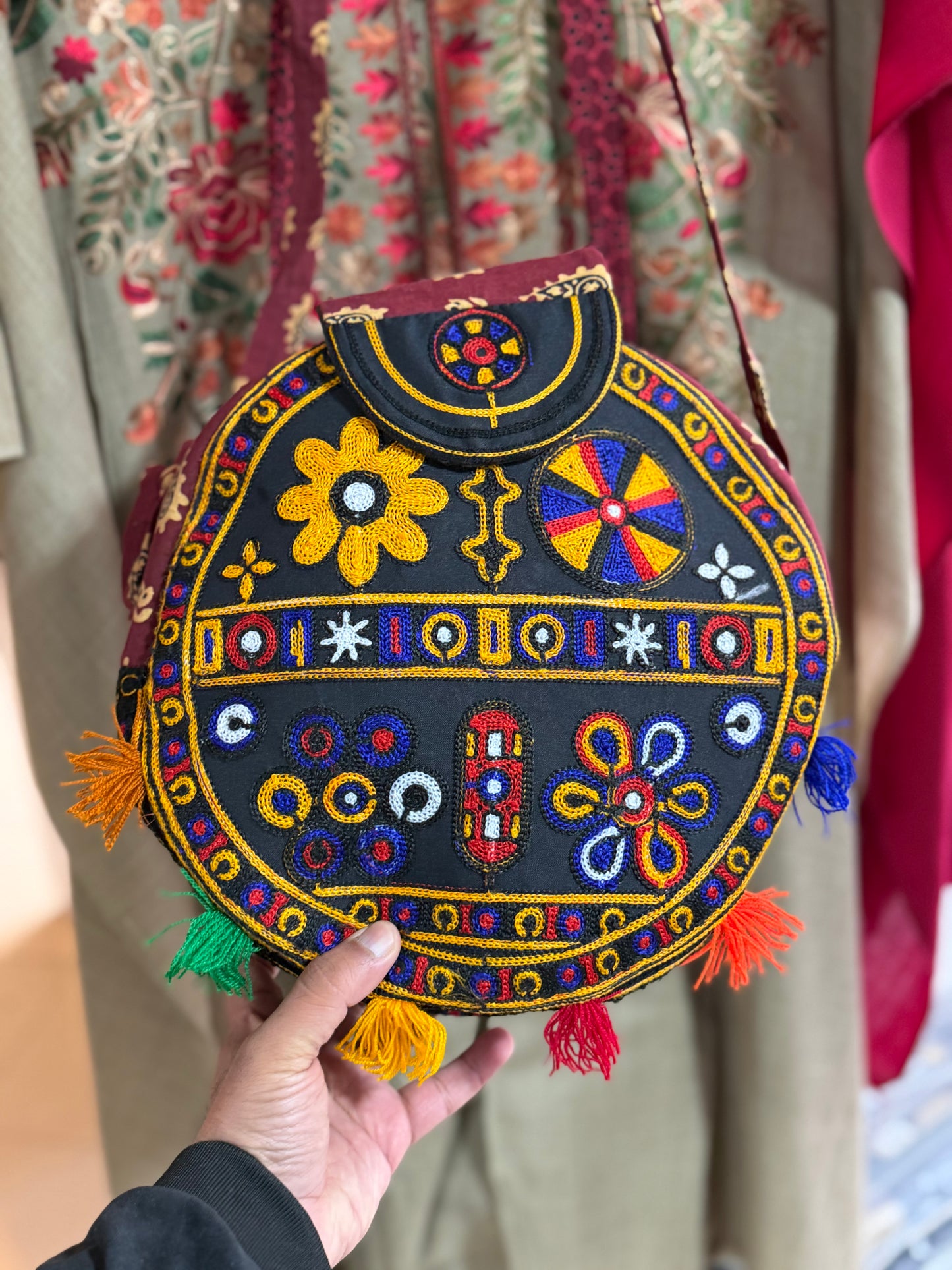 Banjara Round Shoulder Bag Embroidered Shoulder Bag | Black