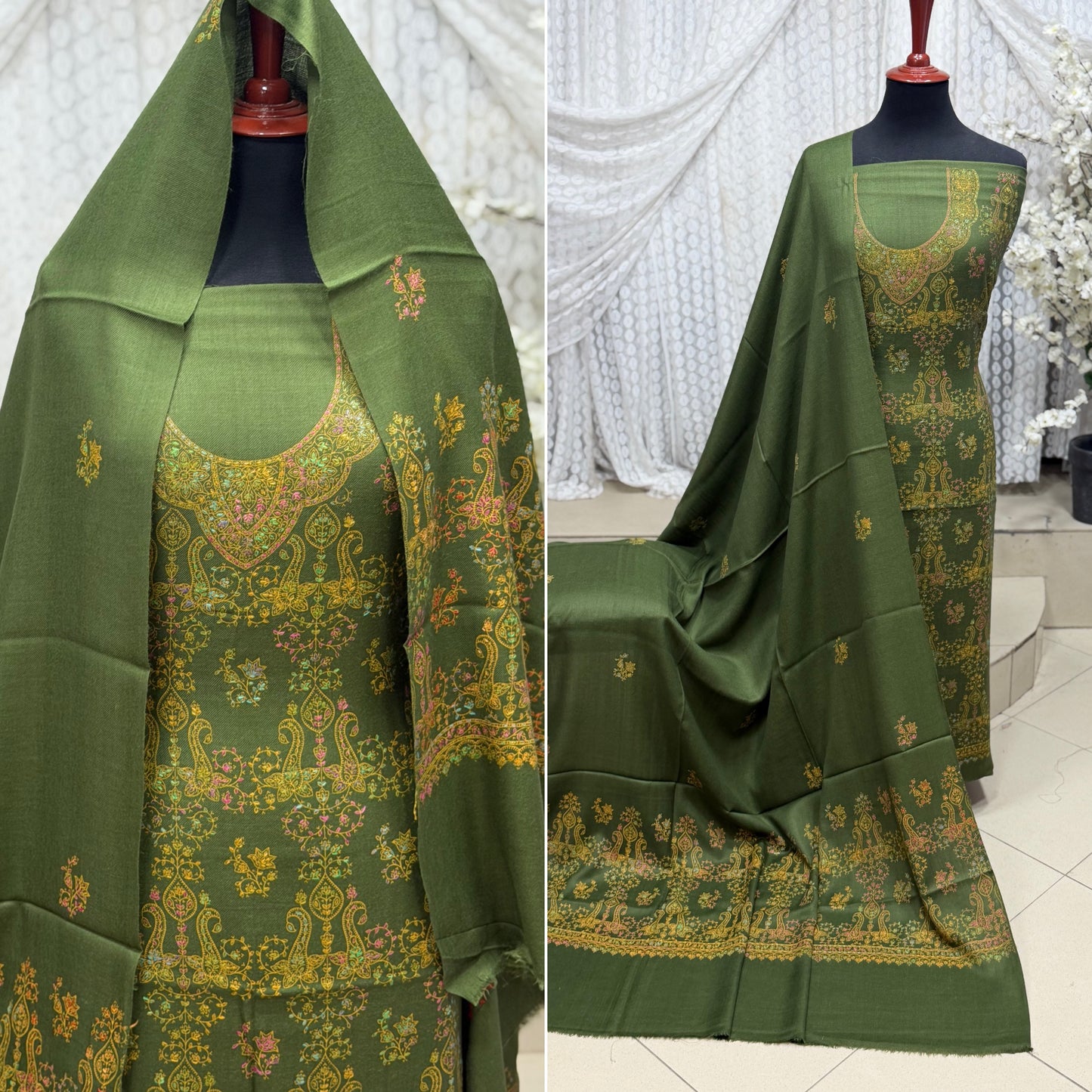 Pashmina 3 Piece Suit | Hand Embroidered Shawl with Embroidered Suit | Mehndi Green