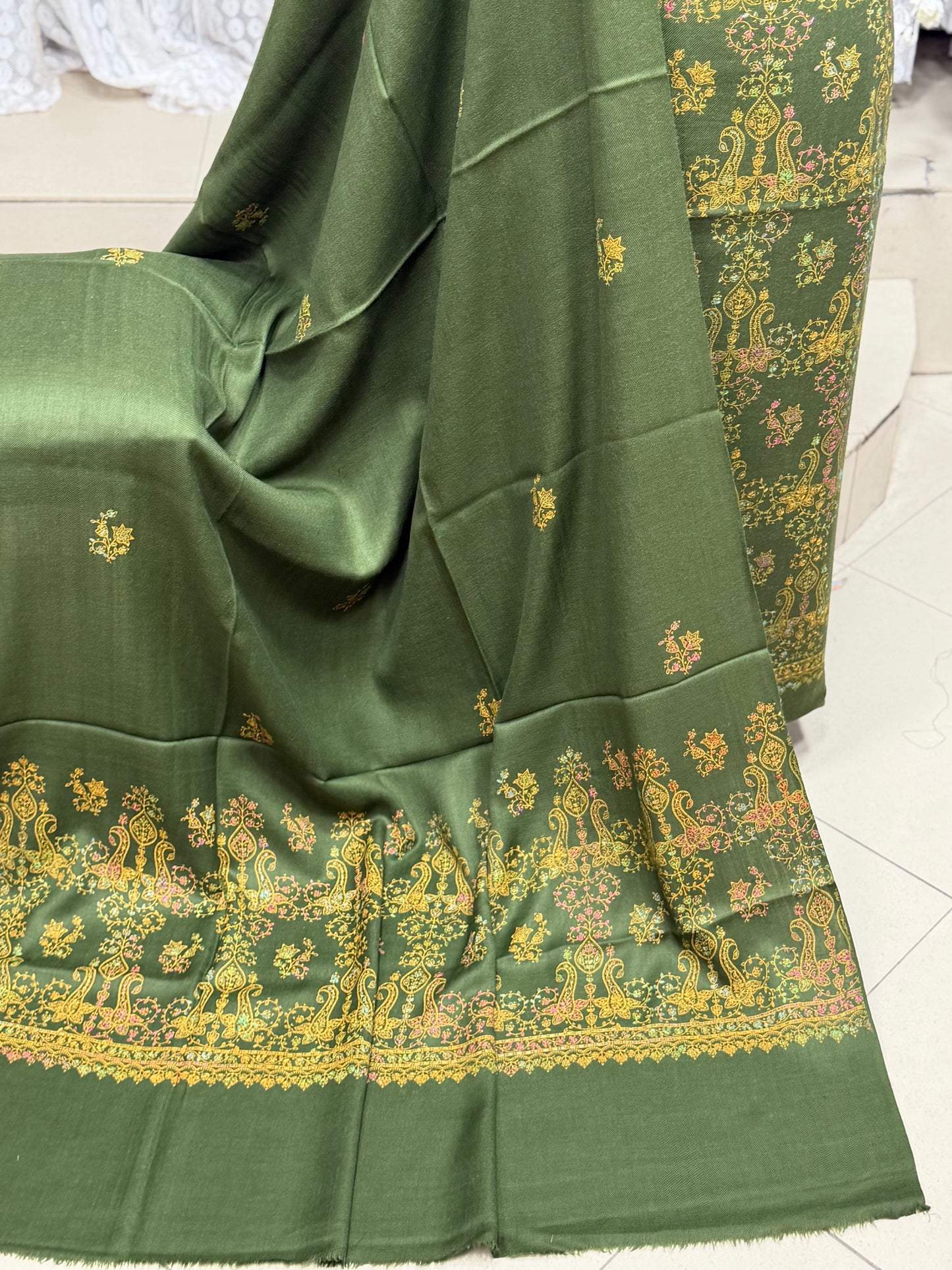 Pashmina 3 Piece Suit | Hand Embroidered Shawl with Embroidered Suit | Mehndi Green