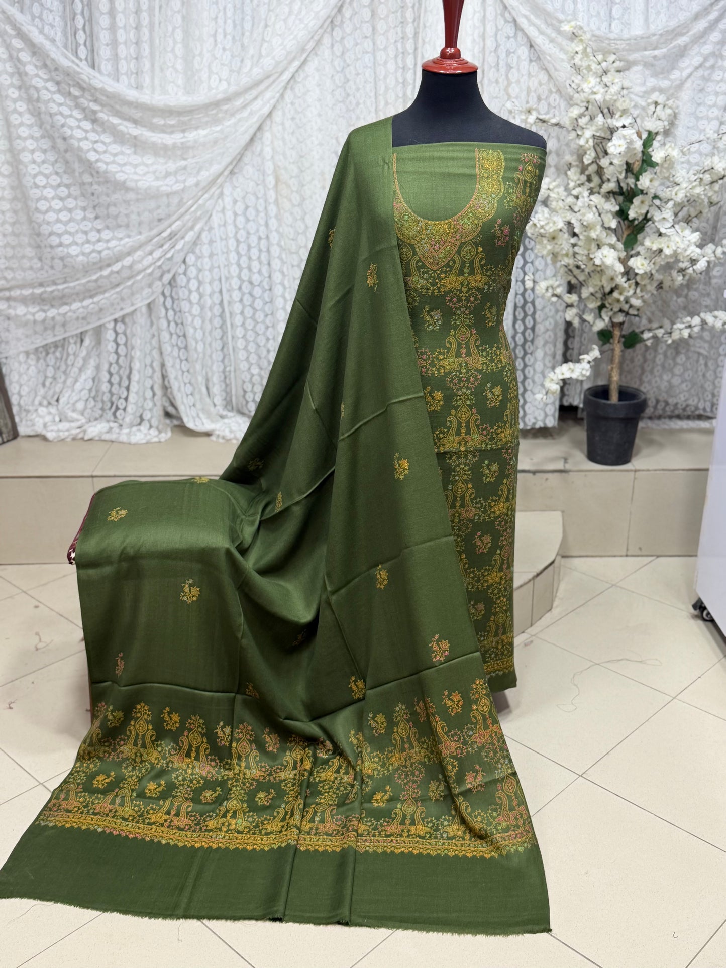 Pashmina 3 Piece Suit | Hand Embroidered Shawl with Embroidered Suit | Mehndi Green