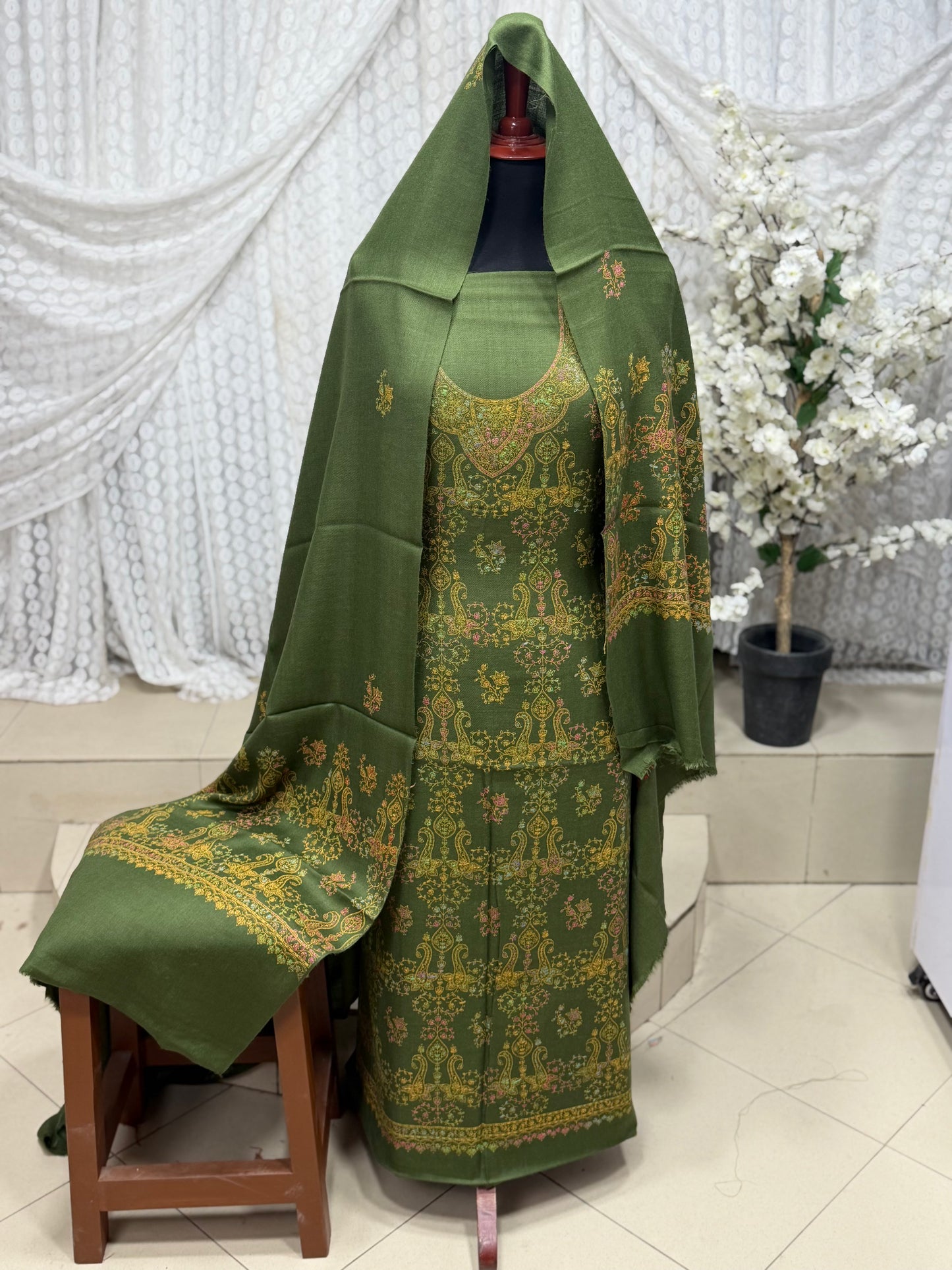 Pashmina 3 Piece Suit | Hand Embroidered Shawl with Embroidered Suit | Mehndi Green