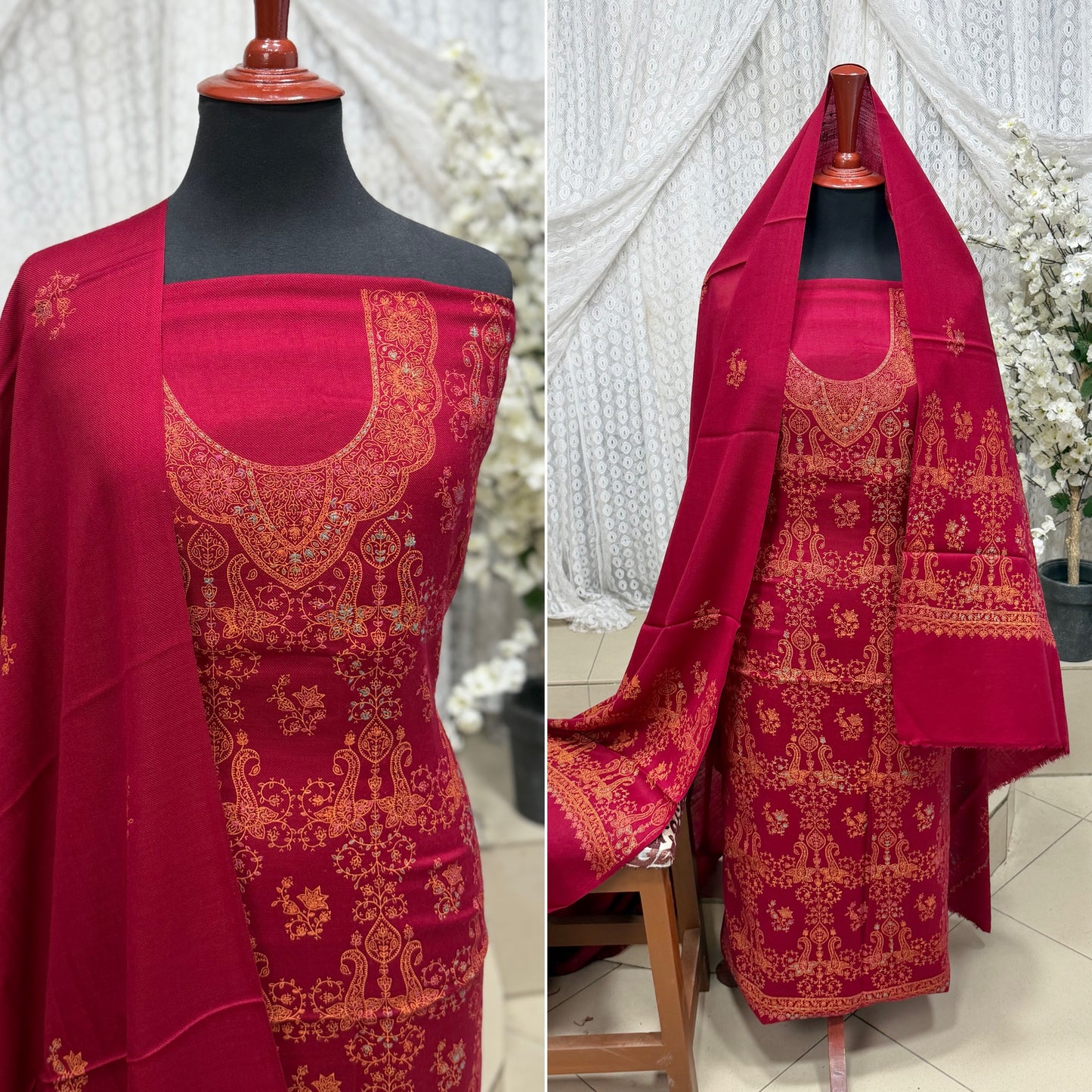 Pashmina 3 Piece Suit | Hand Embroidered Shawl with Embroidered Suit | Maroon