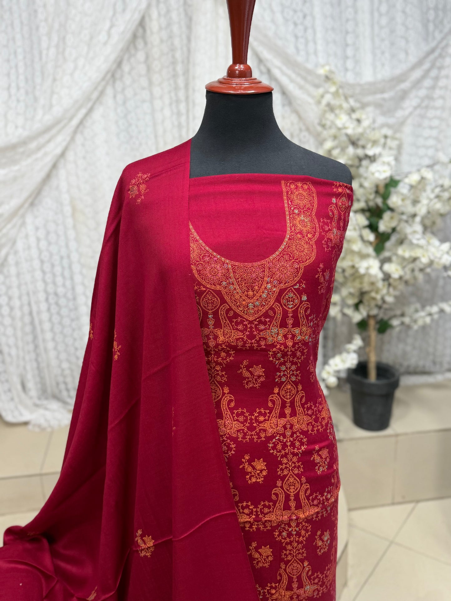 Pashmina 3 Piece Suit | Hand Embroidered Shawl with Embroidered Suit | Maroon