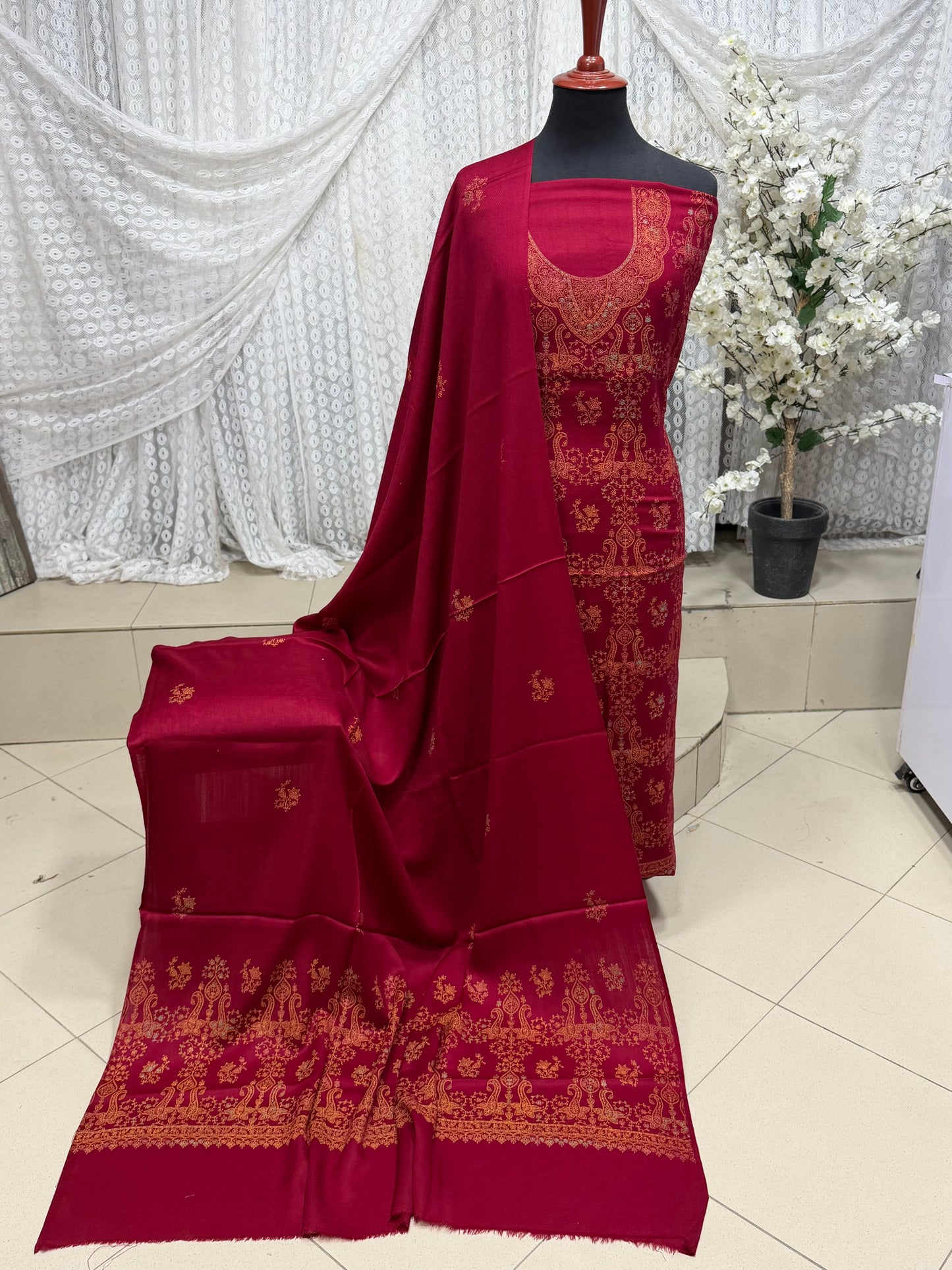 Pashmina 3 Piece Suit | Hand Embroidered Shawl with Embroidered Suit | Maroon