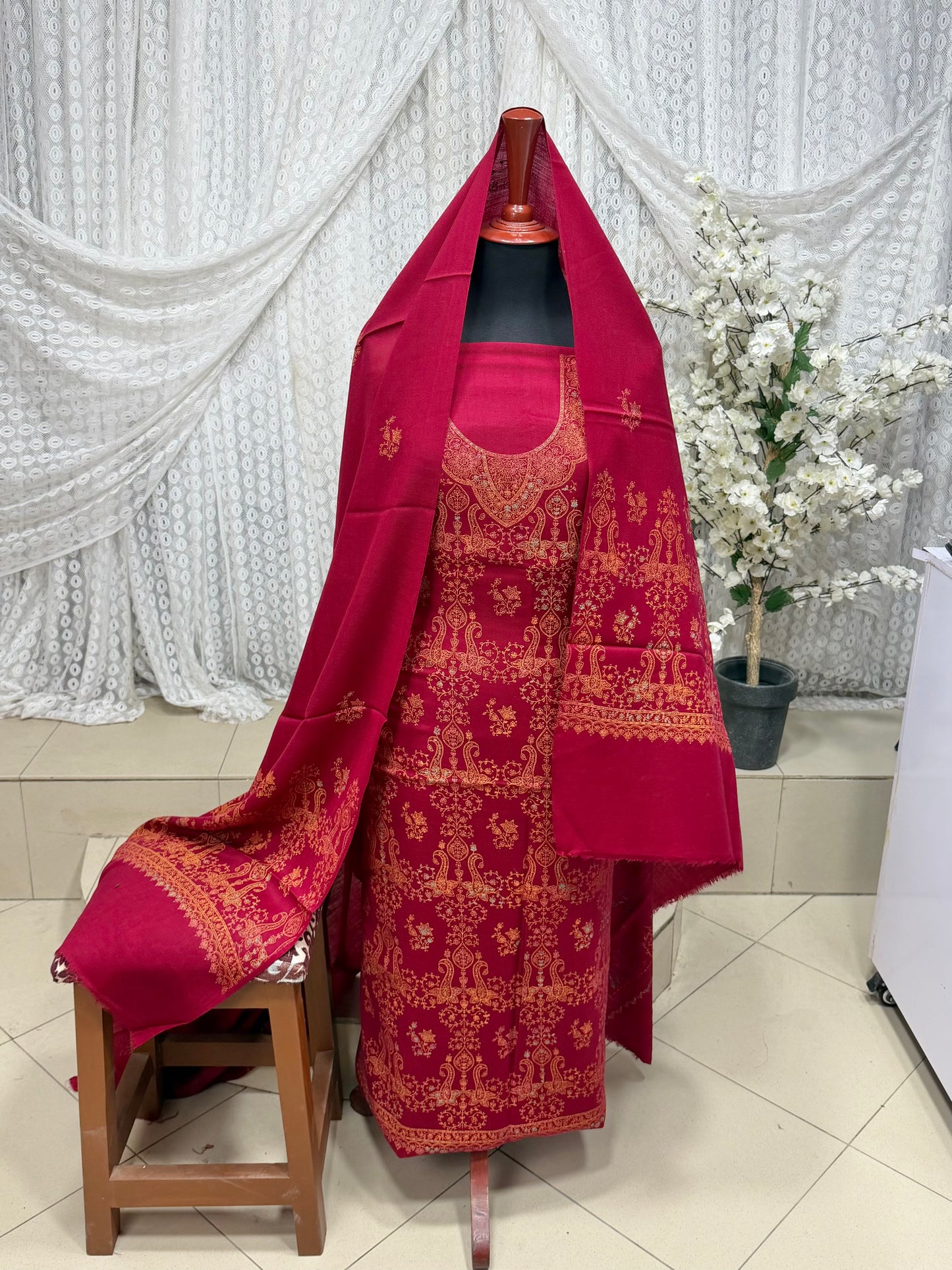 Pashmina 3 Piece Suit | Hand Embroidered Shawl with Embroidered Suit | Maroon