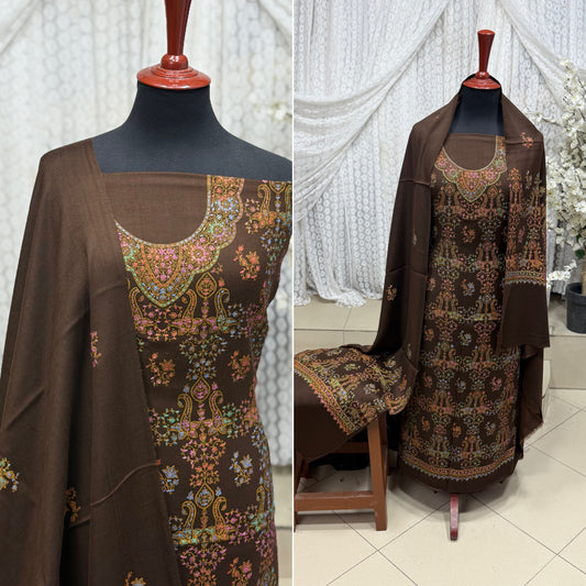 Pashmina 3 Piece Suit | Hand Embroidered Shawl with Embroidered Suit | Brown