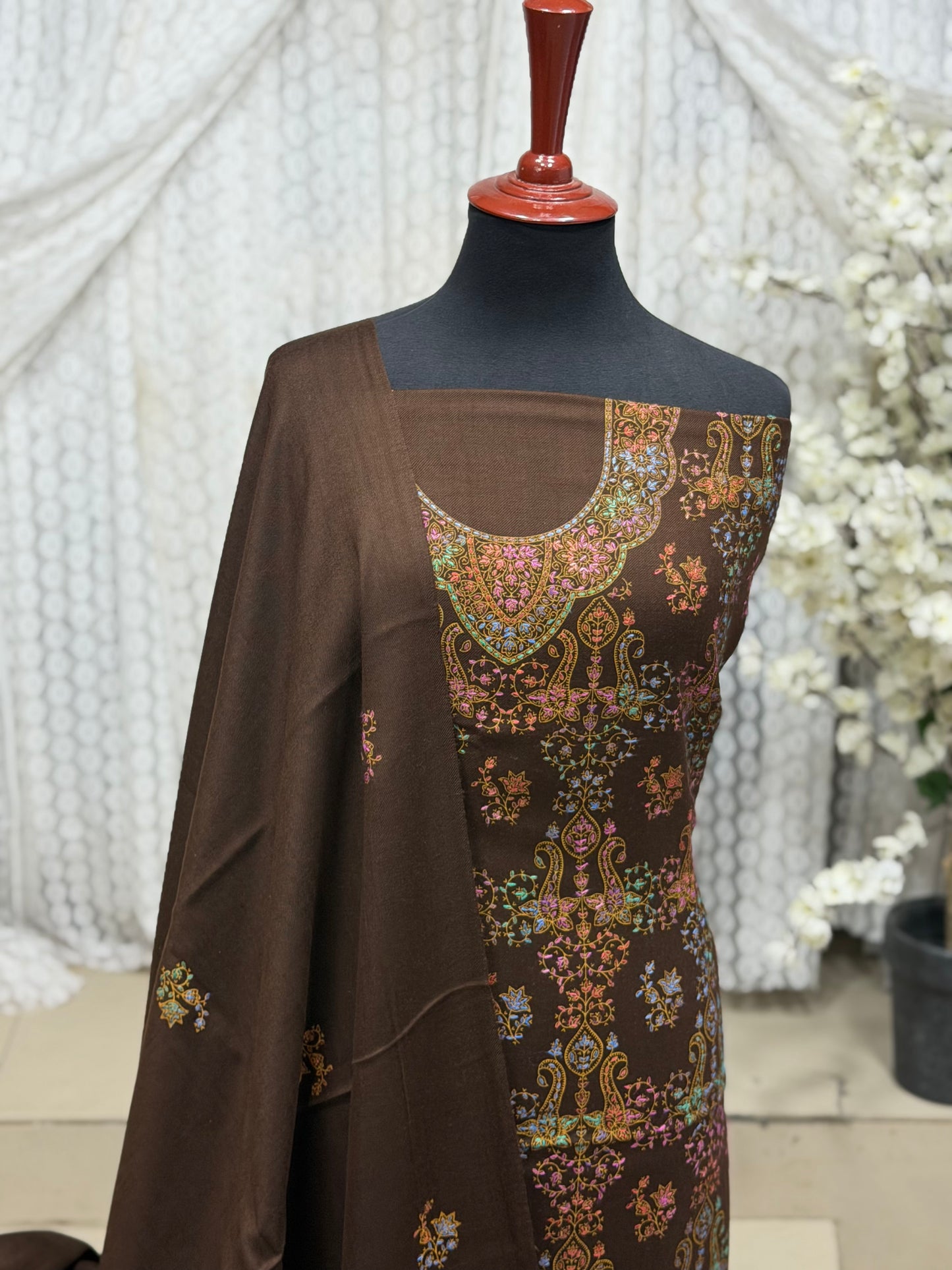 Pashmina 3 Piece Suit | Hand Embroidered Shawl with Embroidered Suit | Brown