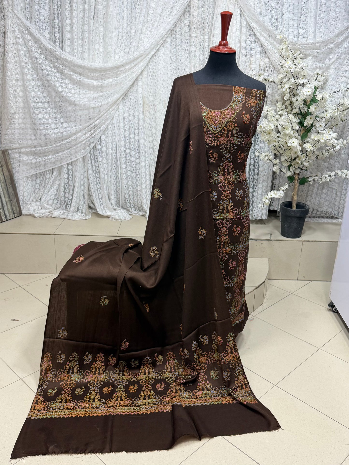 Pashmina 3 Piece Suit | Hand Embroidered Shawl with Embroidered Suit | Brown