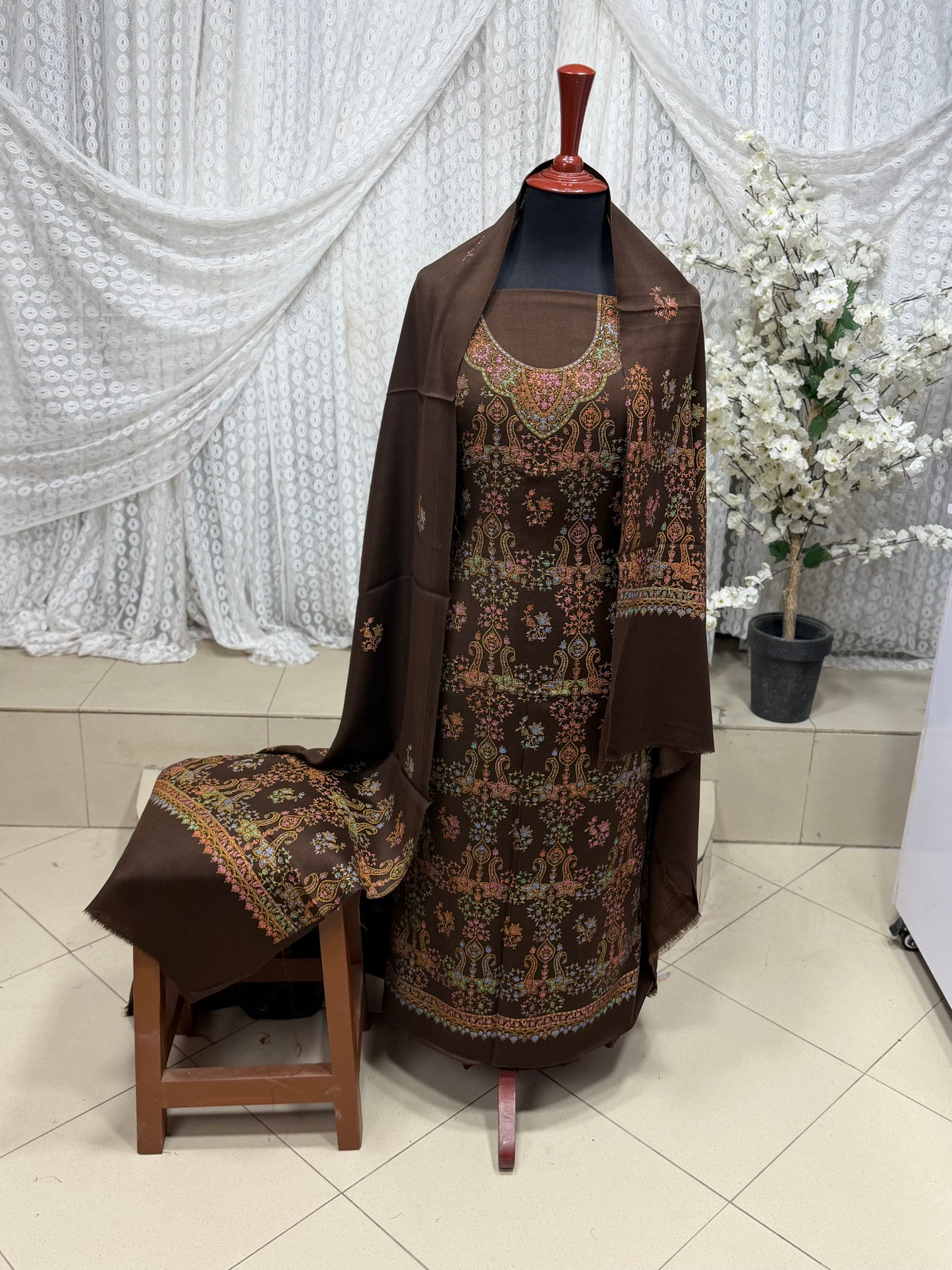 Pashmina 3 Piece Suit | Hand Embroidered Shawl with Embroidered Suit | Brown