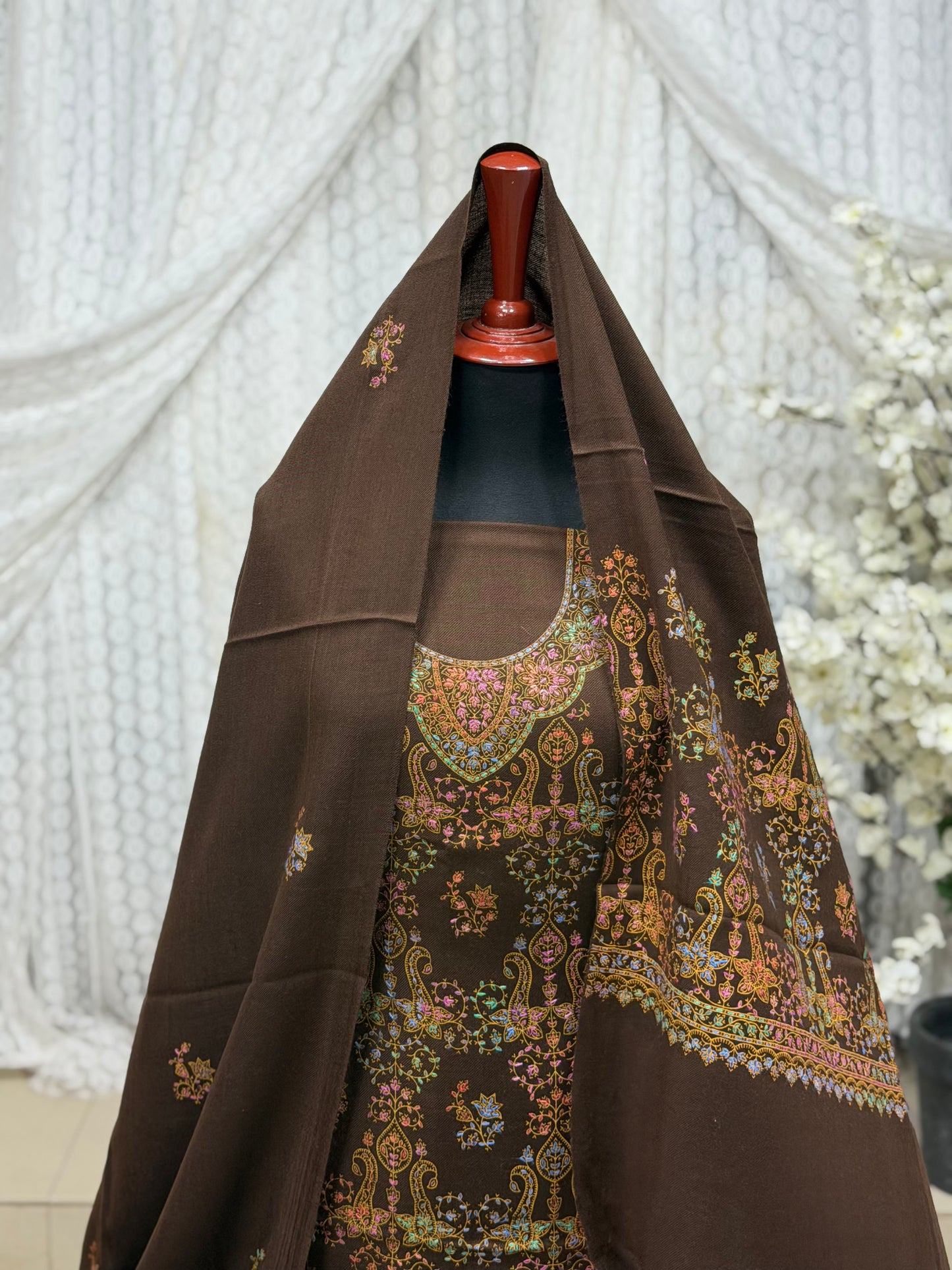 Pashmina 3 Piece Suit | Hand Embroidered Shawl with Embroidered Suit | Brown