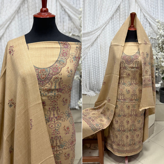 Pashmina 3 Piece Suit | Hand Embroidered Shawl with Embroidered Suit | Skin