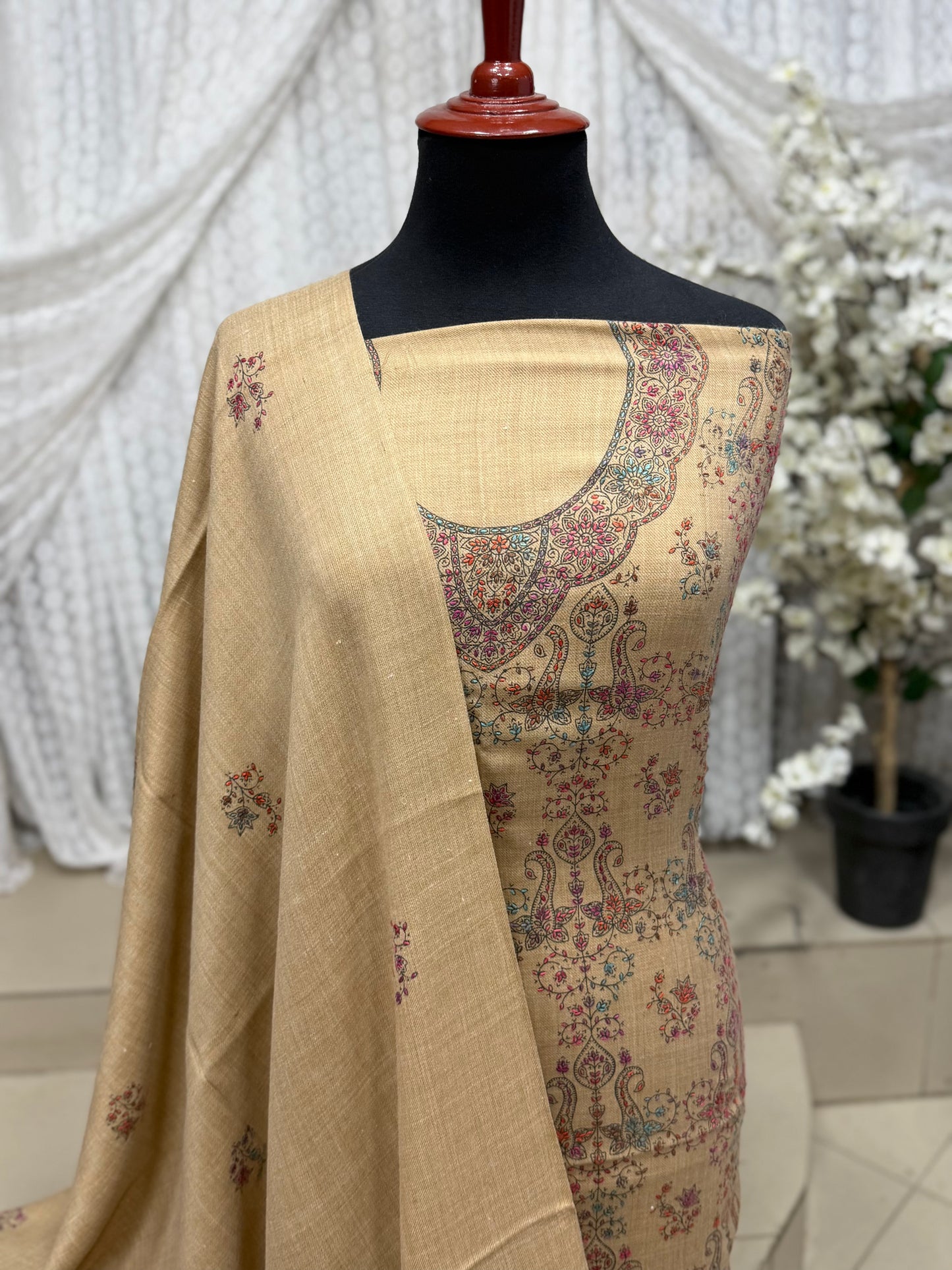 Pashmina 3 Piece Suit | Hand Embroidered Shawl with Embroidered Suit | Skin
