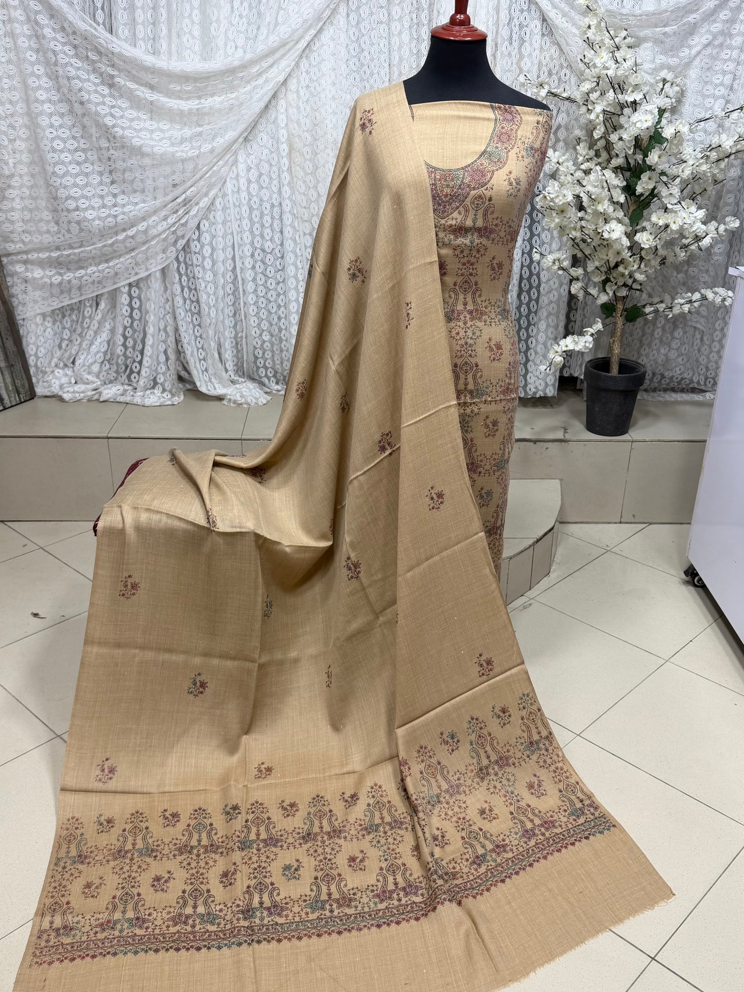 Pashmina 3 Piece Suit | Hand Embroidered Shawl with Embroidered Suit | Skin