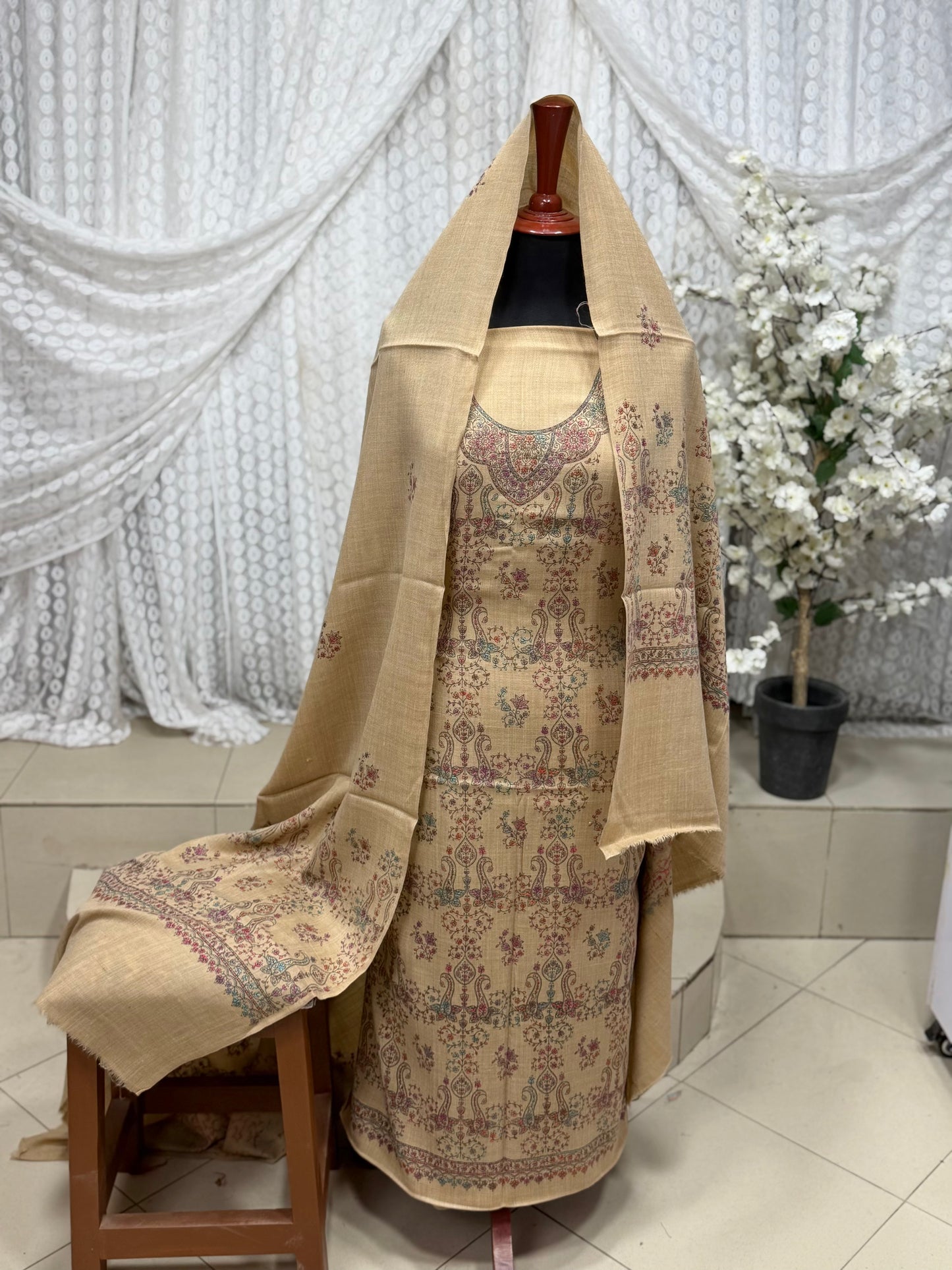 Pashmina 3 Piece Suit | Hand Embroidered Shawl with Embroidered Suit | Skin