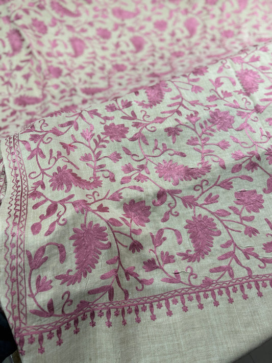 Skin With Pink Pashmina Embroidered Shawl | Kashmiri Aar Work Embroidery