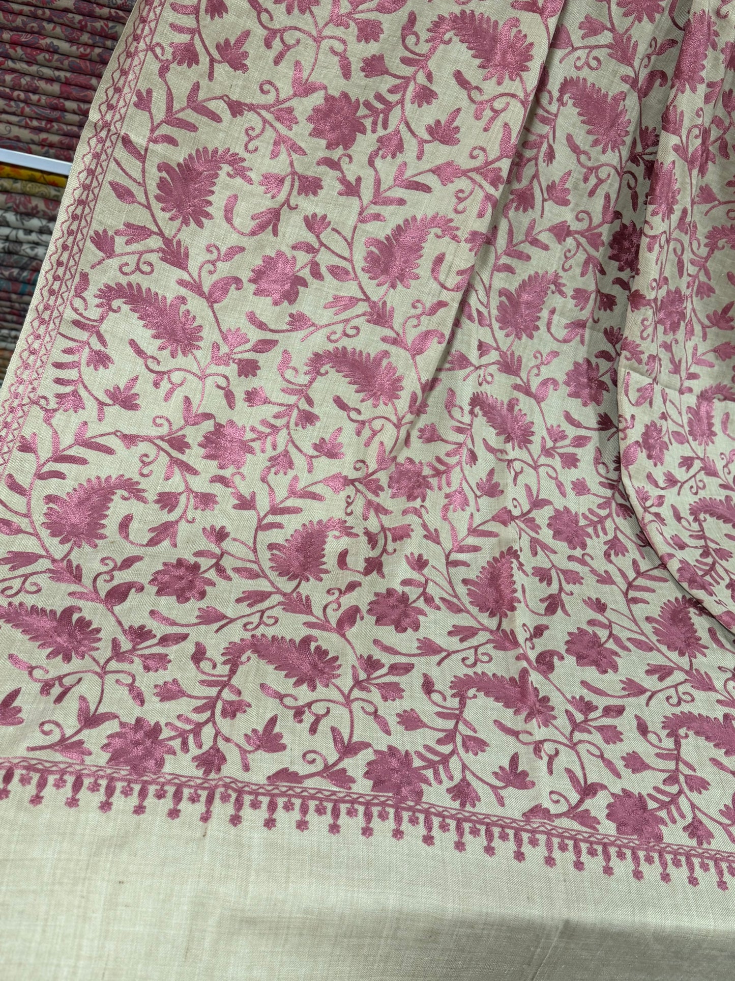 Skin With Pink Pashmina Embroidered Shawl | Kashmiri Aar Work Embroidery