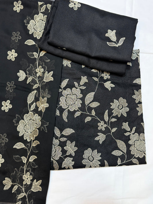 Karandi 3 Piece Embroidered Suit Crinkle Dupatta | Black