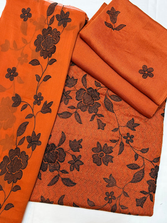 Karandi 3 Piece Embroidered Suit Crinkle Dupatta | Rust