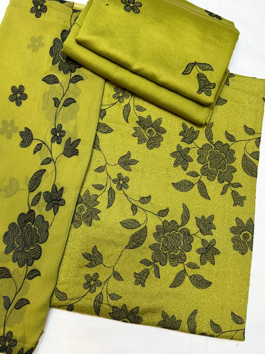 Karandi 3 Piece Embroidered Suit Crinkle Dupatta | Pista Green