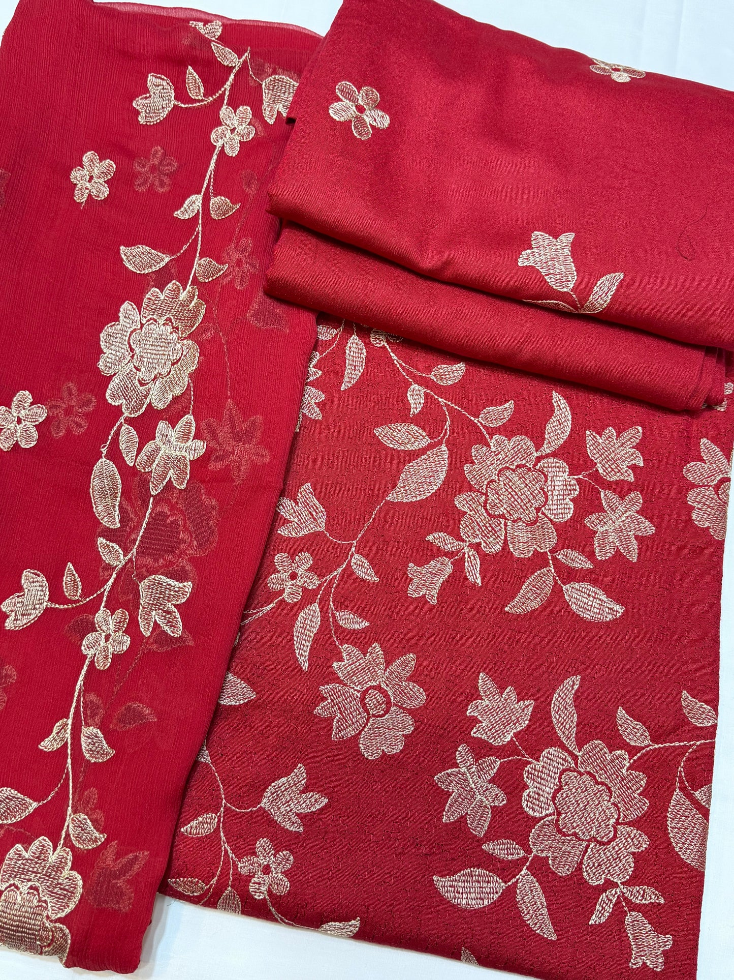 Karandi 3 Piece Embroidered Suit Crinkle Dupatta | Anari Red