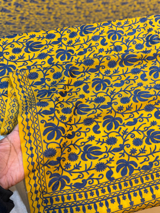 Mustard With Blue Pashmina Embroidered Shawl | Kashmiri Aar Work Embroidery