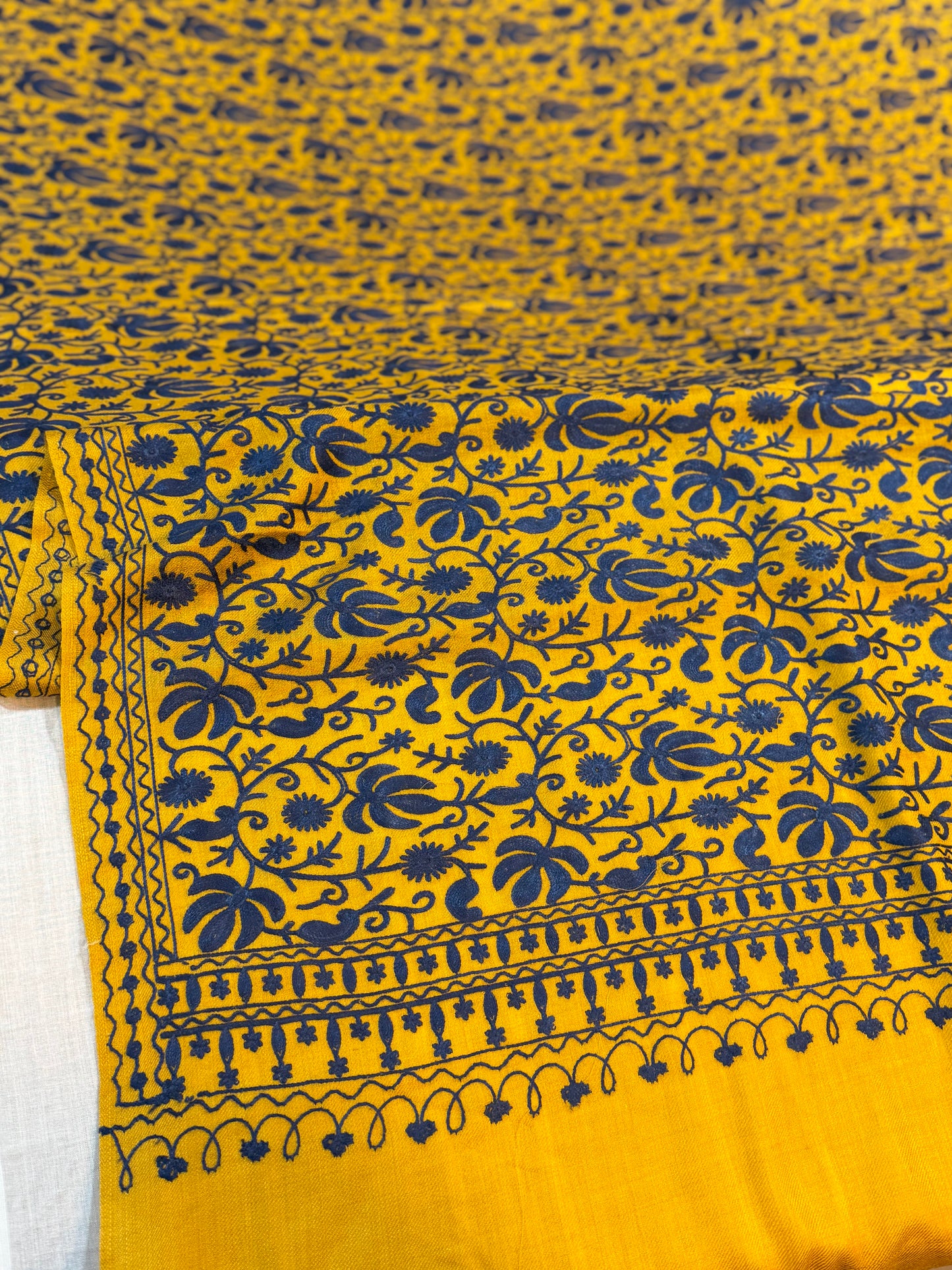 Mustard With Blue Pashmina Embroidered Shawl | Kashmiri Aar Work Embroidery