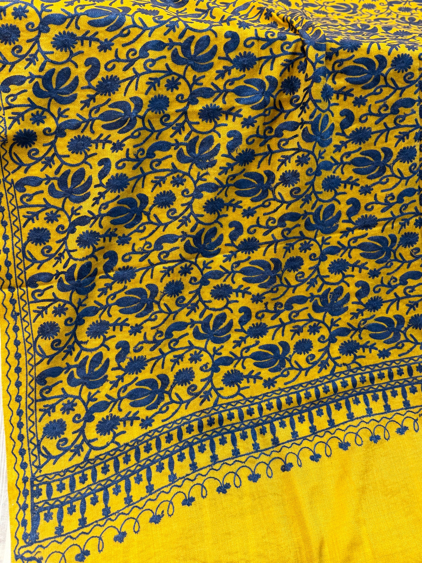 Mustard With Blue Pashmina Embroidered Shawl | Kashmiri Aar Work Embroidery