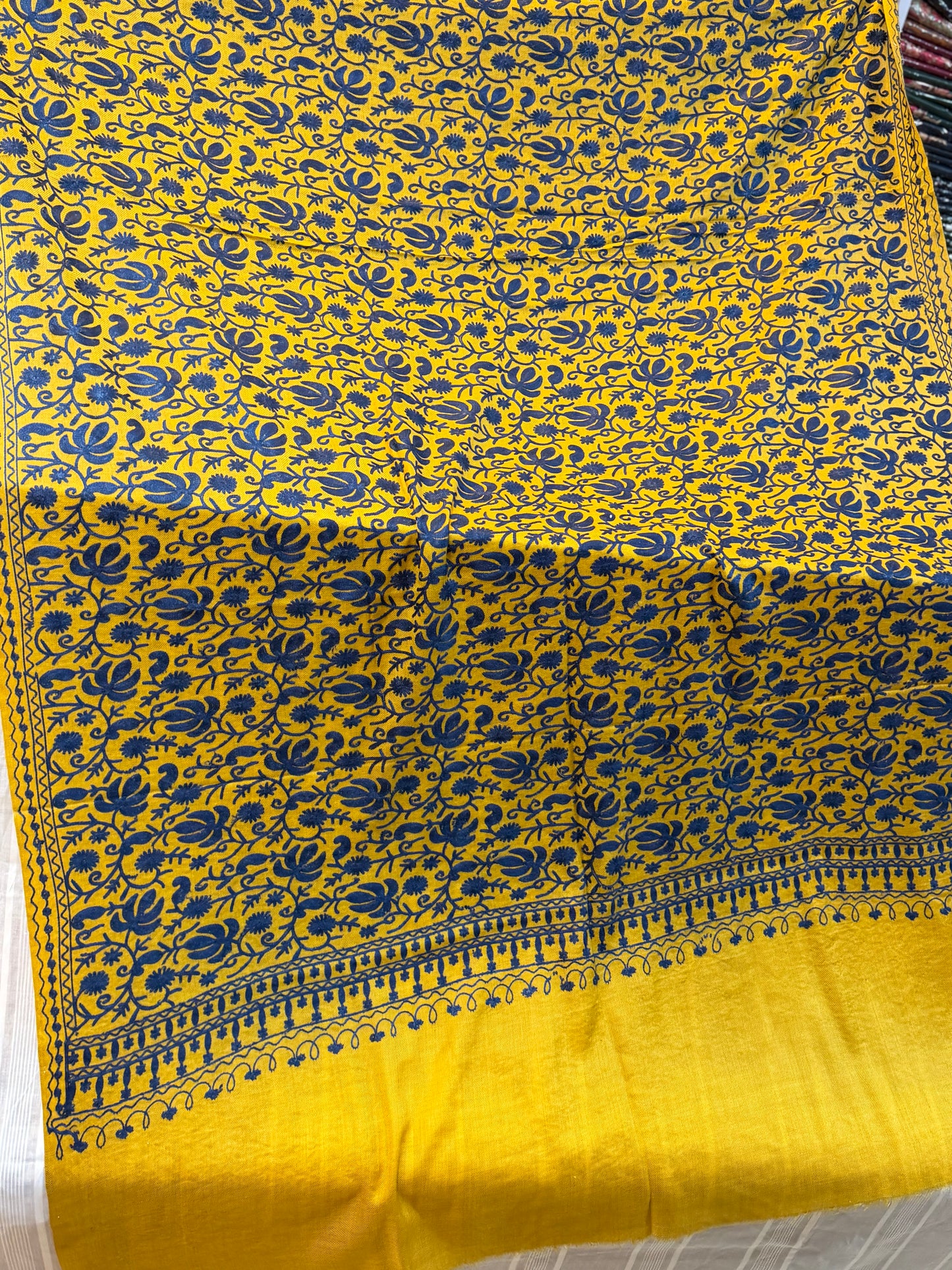 Mustard With Blue Pashmina Embroidered Shawl | Kashmiri Aar Work Embroidery