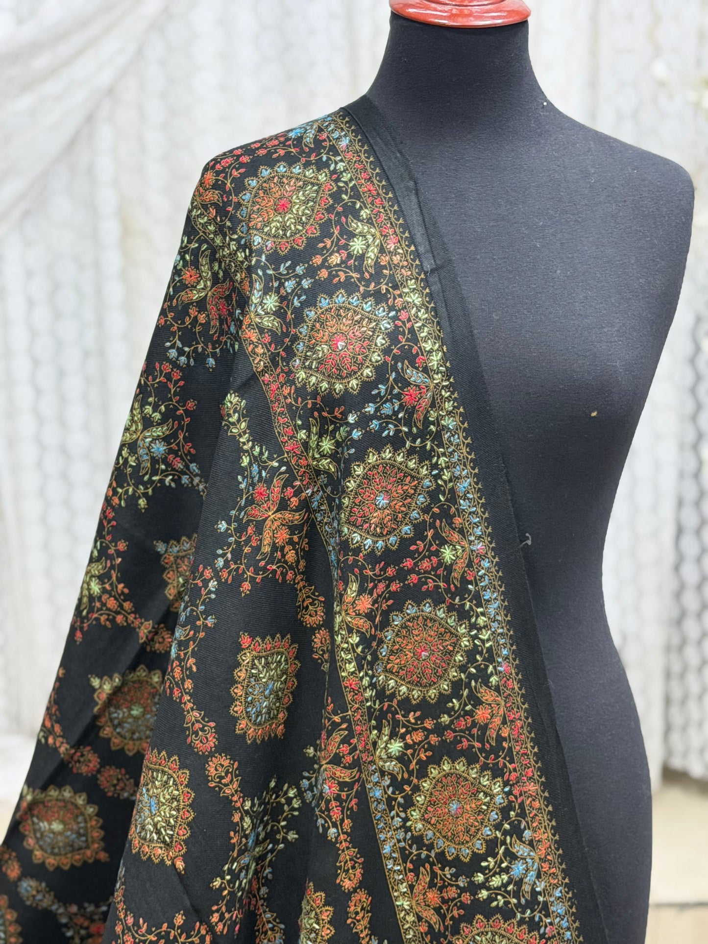Pashmina Shawl | Hand Embroidery on Print Beautiful Shawl | Dark Green