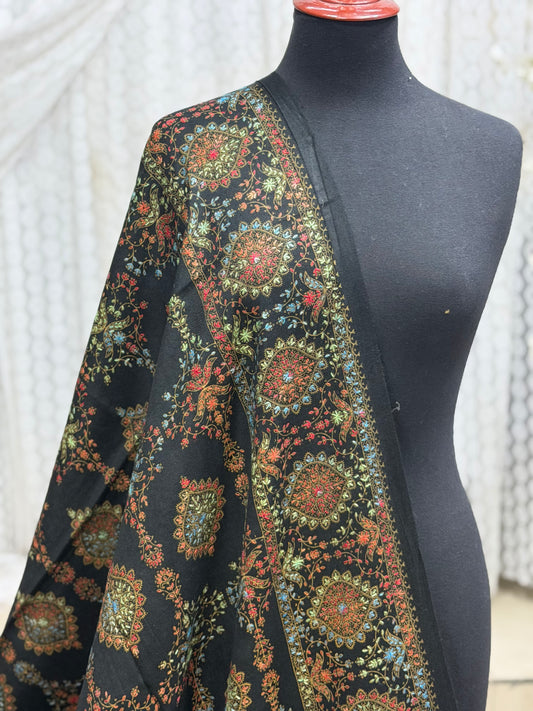 Pashmina Shawl | Hand Embroidery on Print Beautiful Shawl | Dark Green