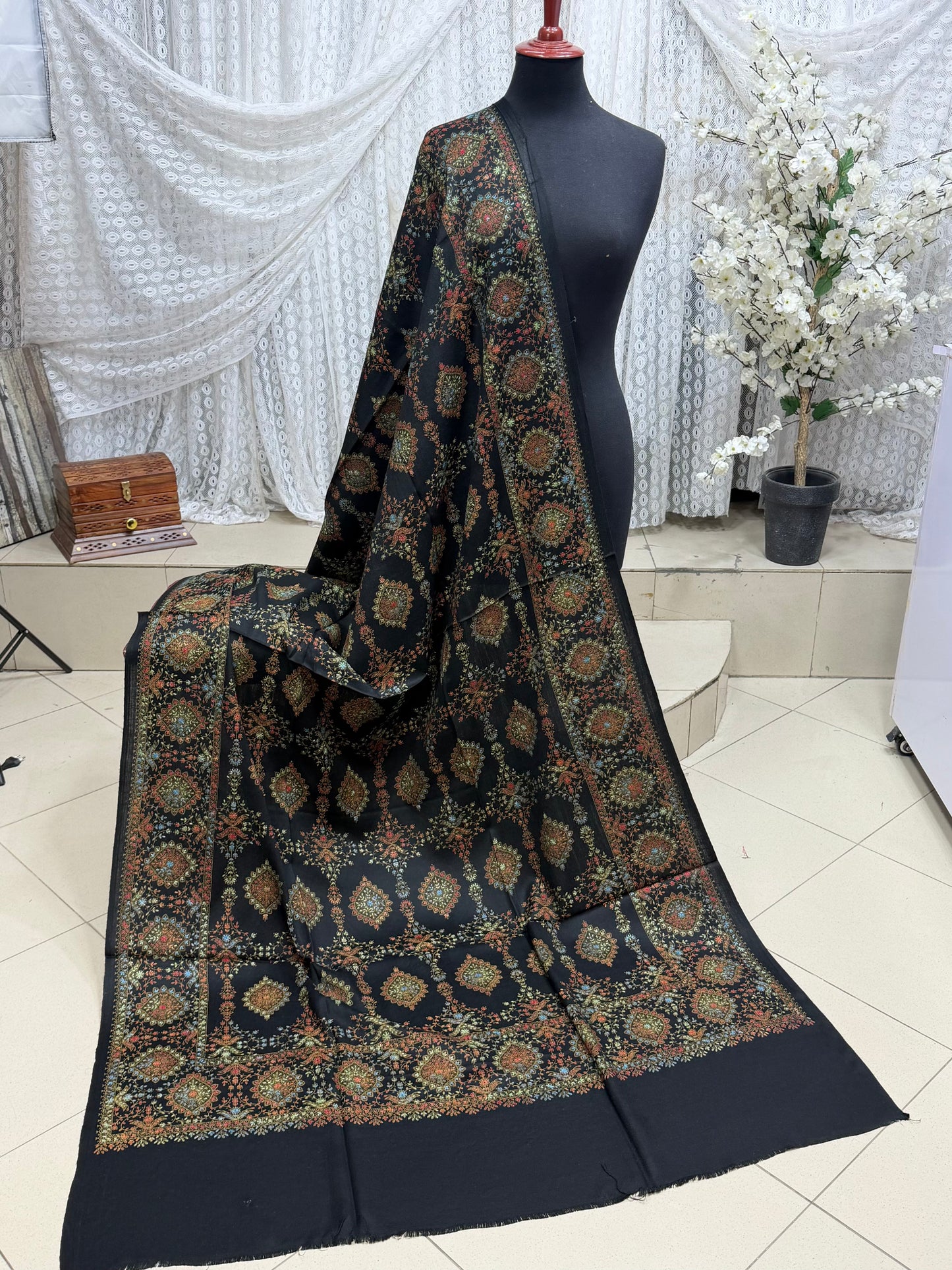Pashmina Shawl | Hand Embroidery on Print Beautiful Shawl | Dark Green