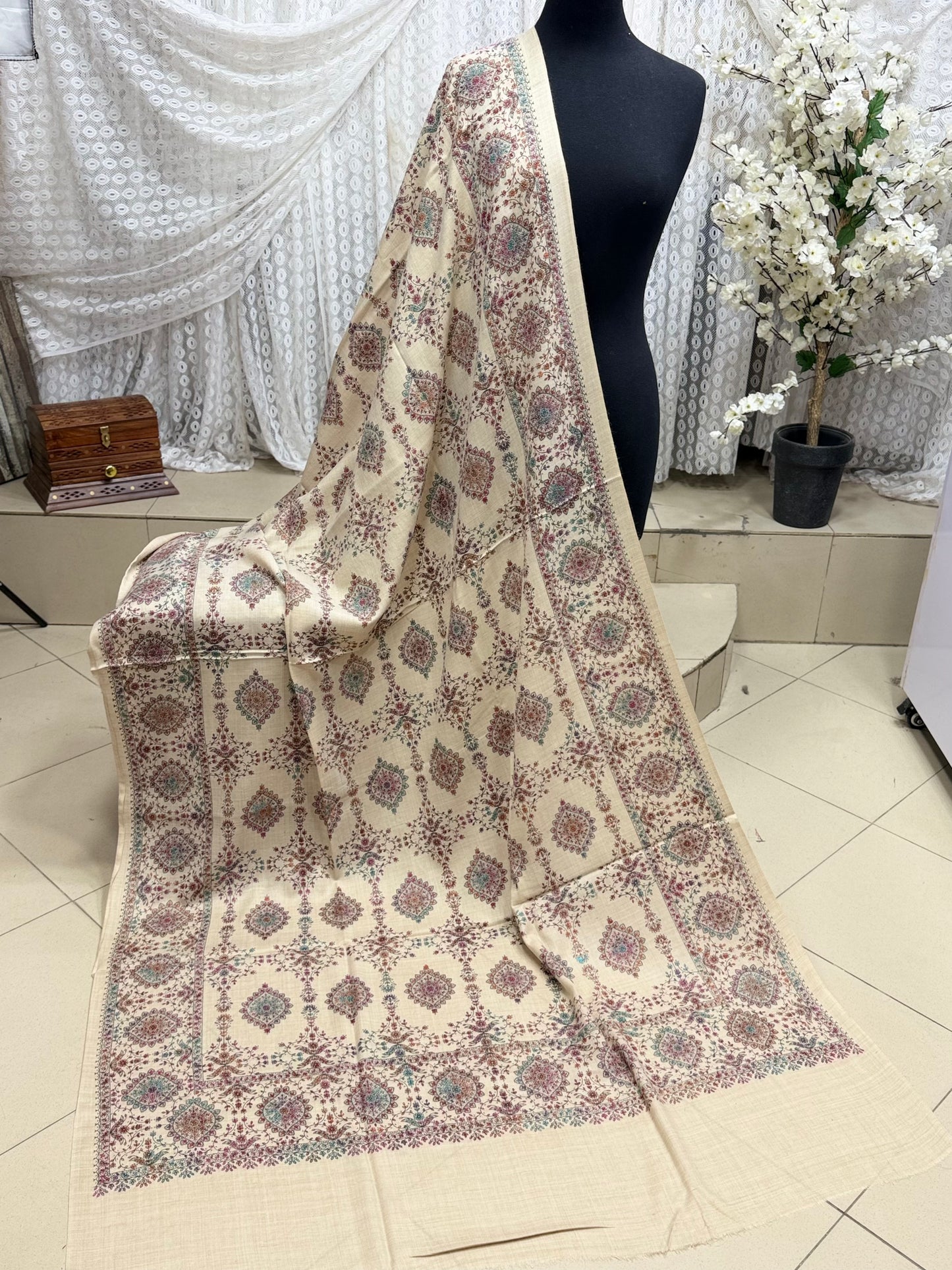 Pashmina Shawl | Hand Embroidery on Print Beautiful Shawl | Light Skin