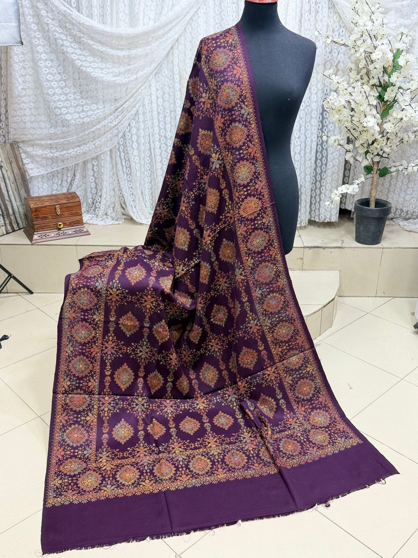 Pashmina Shawl | Hand Embroidery on Print Beautiful Shawl | Dark Purple