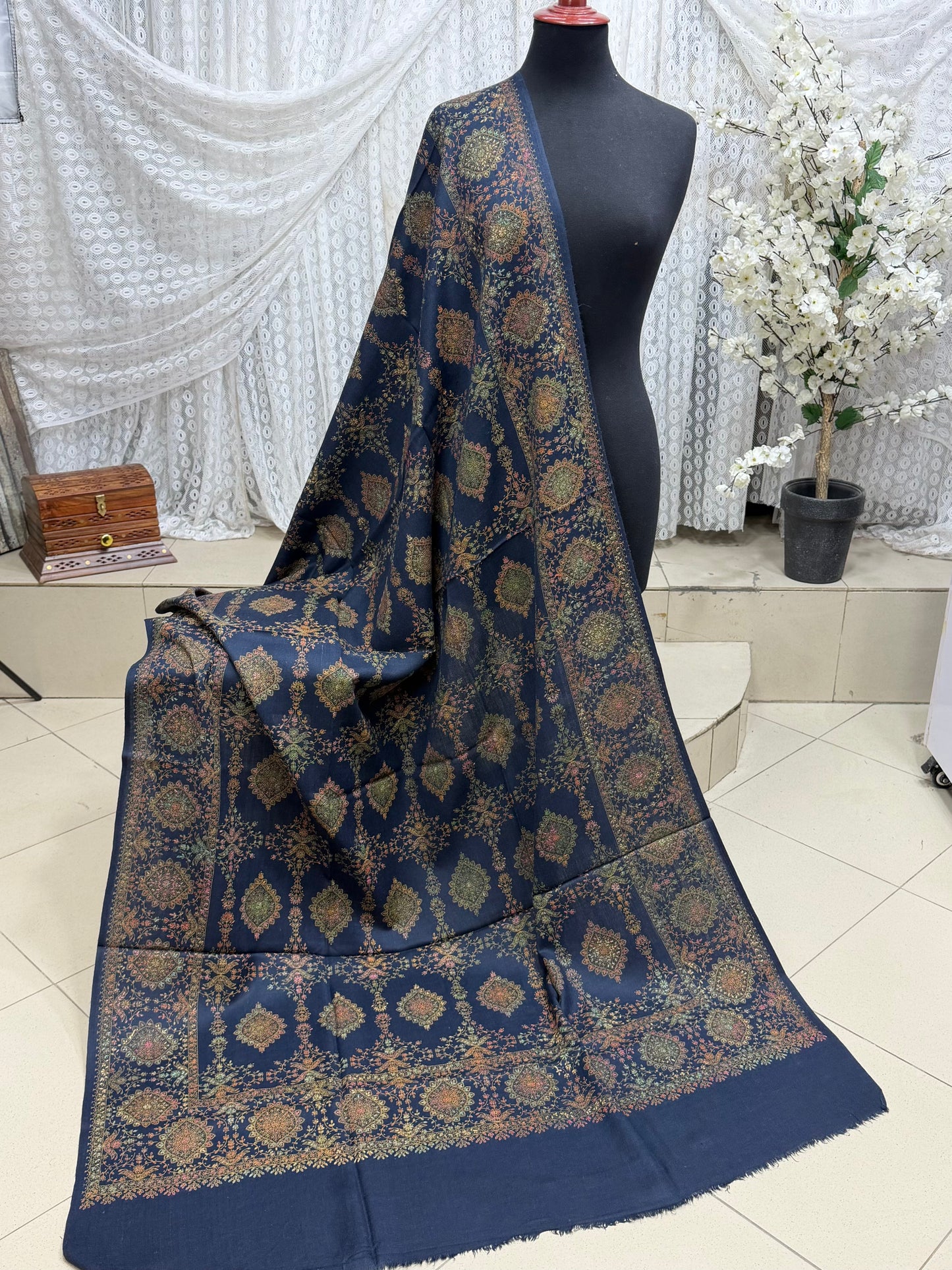 Pashmina Shawl | Hand Embroidery on Print Beautiful Shawl | Blue