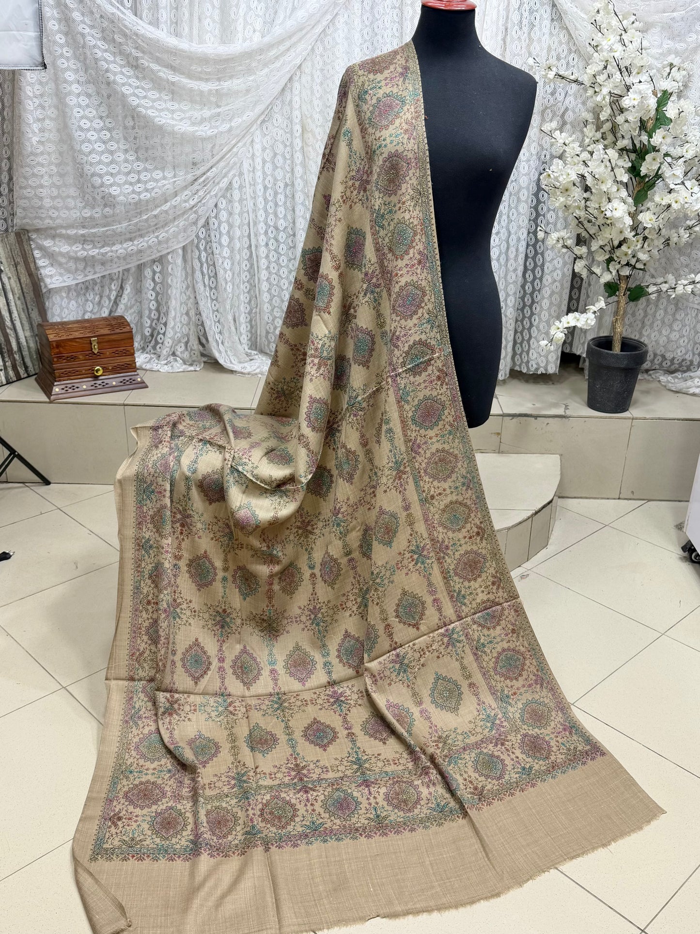 Pashmina Shawl | Hand Embroidery on Print Beautiful Shawl | Dark Skin