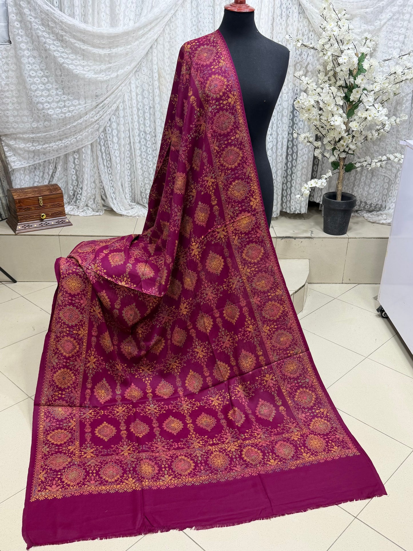 Pashmina Shawl | Hand Embroidery on Print Beautiful Shawl | Magenta