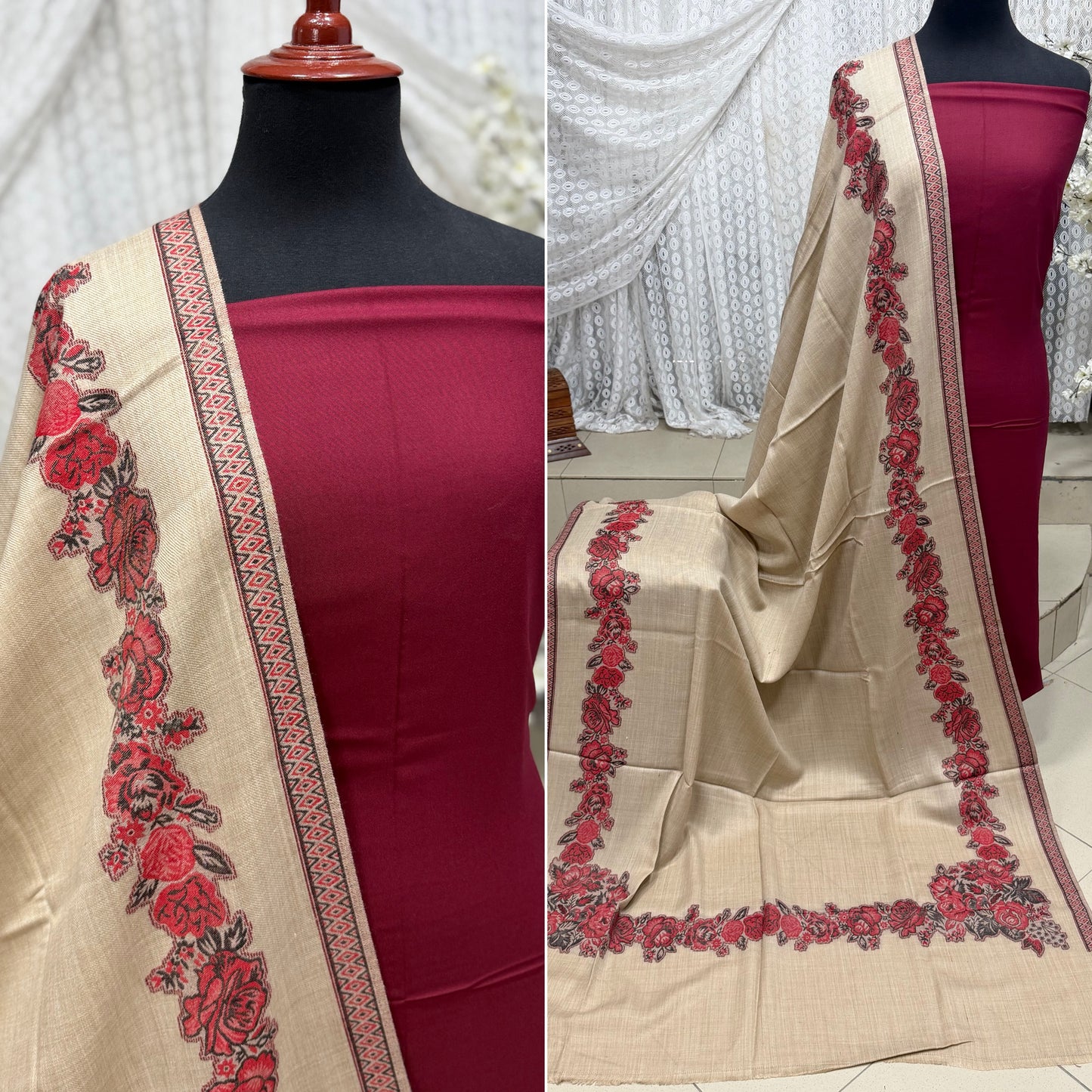 3 Piece Kani Shawl Suit | Plain Marina Suit With Kani Gulab Border Pashmina Shawl