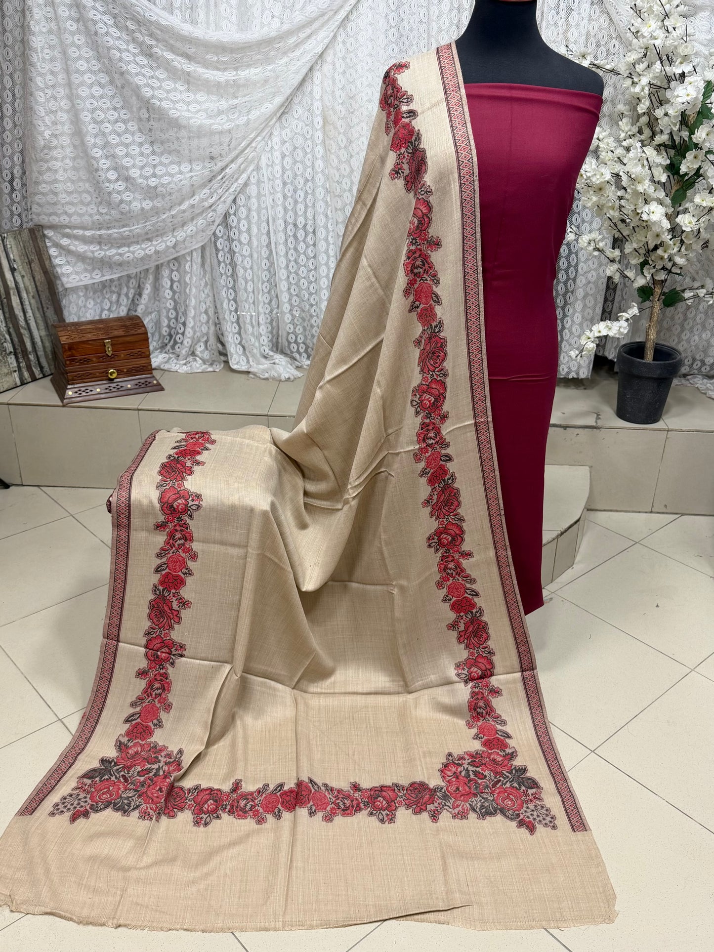 3 Piece Kani Shawl Suit | Plain Marina Suit With Kani Gulab Border Pashmina Shawl