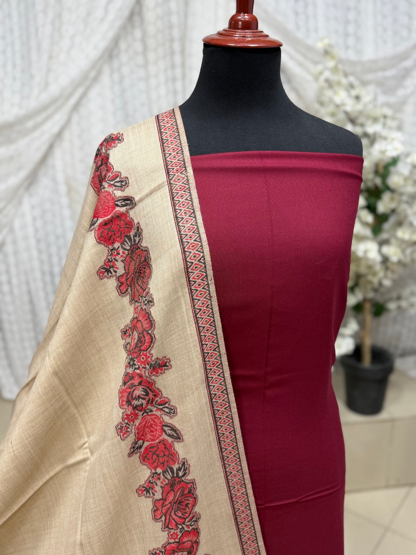 3 Piece Kani Shawl Suit | Plain Marina Suit With Kani Gulab Border Pashmina Shawl