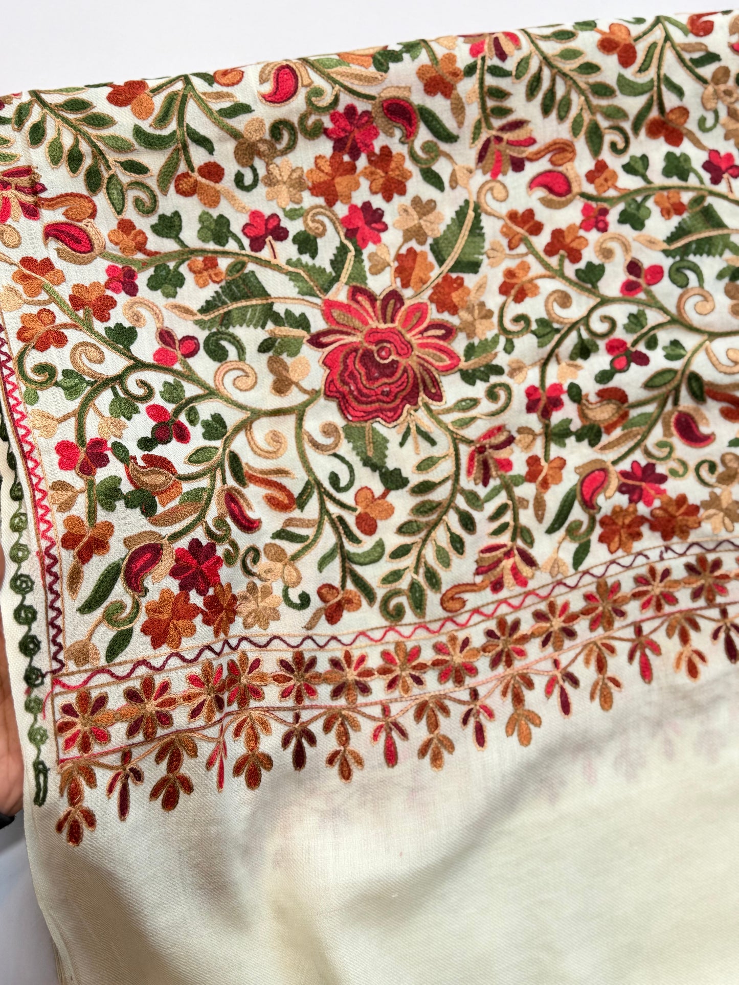 Pashmina Shawl Full Size | Kashmiri Embroidery | Off White