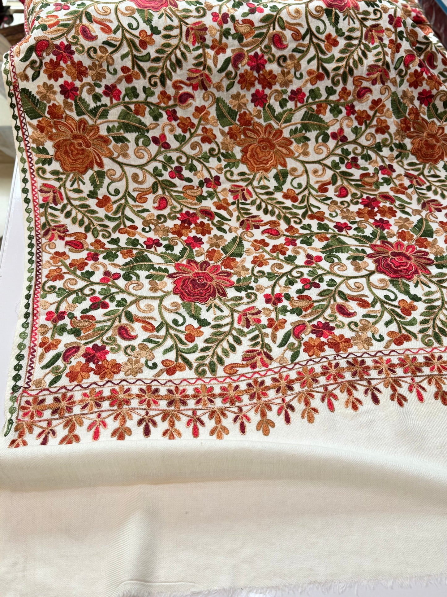 Pashmina Shawl Full Size | Kashmiri Embroidery | Off White