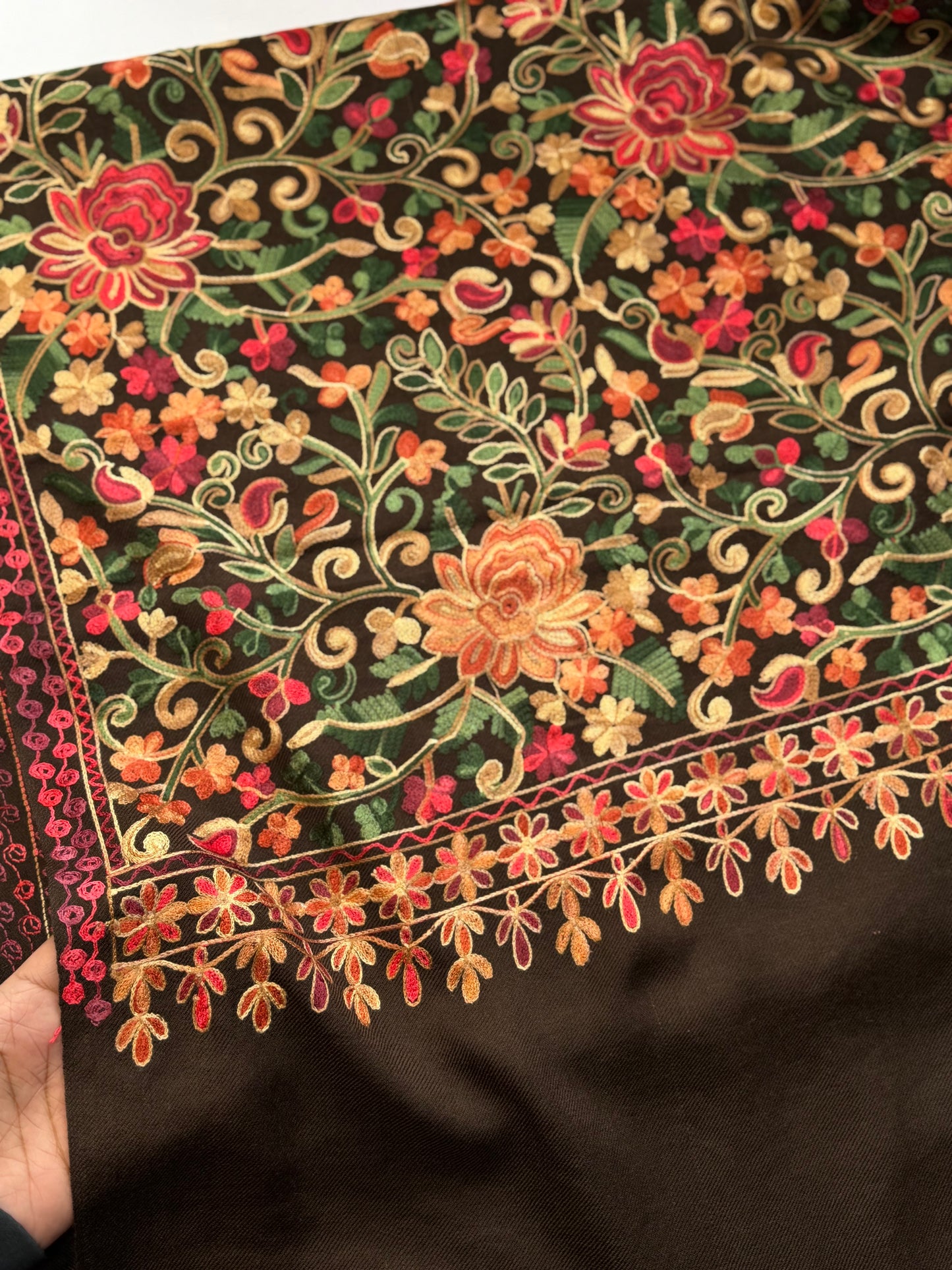Pashmina Shawl Full Size | Kashmiri Embroidery | Dark Brown