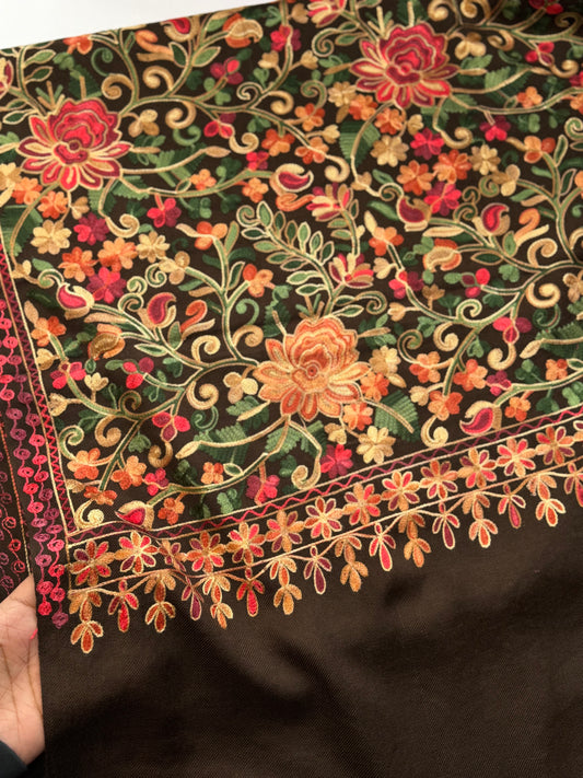Pashmina Shawl Full Size | Kashmiri Embroidery | Dark Brown
