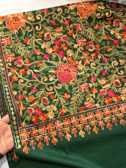 Pashmina Shawl Full Size | Kashmiri Embroidery | Dark Green