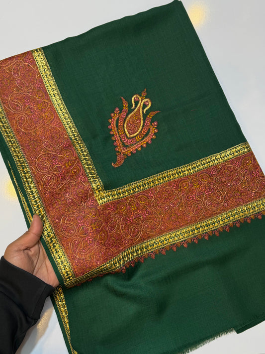 Kashmiri Shawl | Wide Border Papermache Tilla Embroidery Made in Kashmir Pure Pashmina | Skin Grey